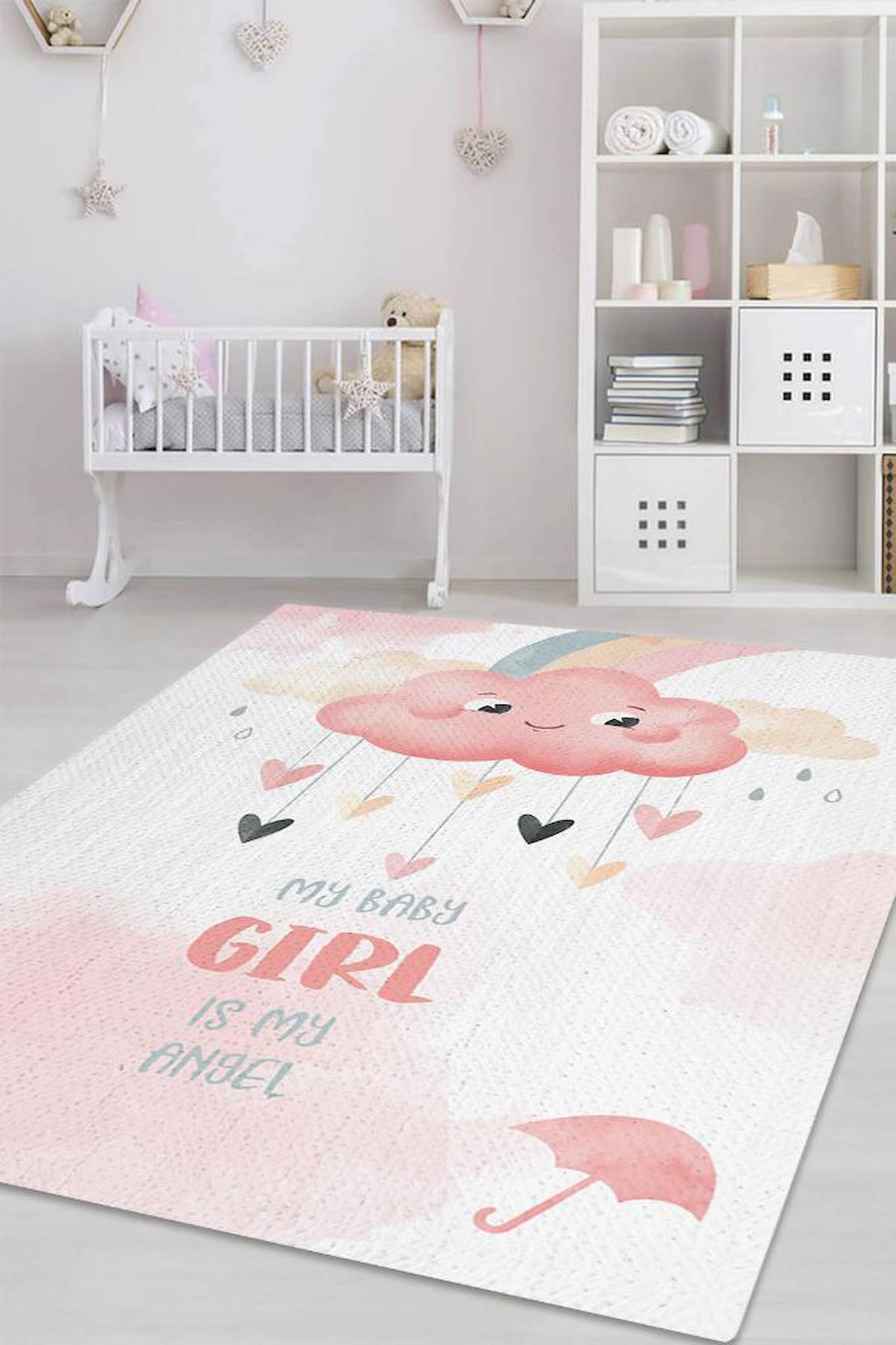 Homshtag Melek Kızım Krem 4 mm Pamuk Antistatik Yıkanabilir İnce Kaymaz Dikdörtgen Makine Dokuma Çocuk Odası Halısı 120x180 cm