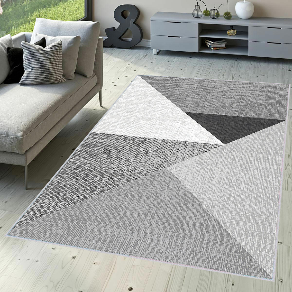 Rovigo Home RVG1699 Gri 8 mm Polyester Leke Tutmaz-Toz Tutmaz Yıkanabilir İnce Kaymaz Dot Taban Dikdörtgen Makine Dokuma Salon Halısı 80x500 cm