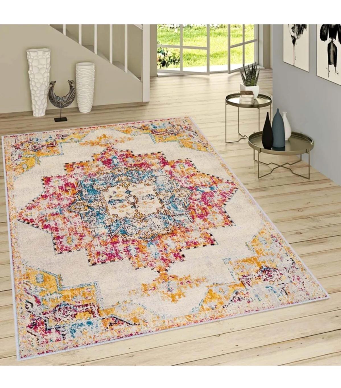 Rovigo Home RVG1468 Çok Renkli 8 mm Polyester Antibakteriyel-Leke Tutmaz-Toz Tutmaz Yıkanabilir İnce Kaymaz Dot Taban Dikdörtgen Makine Dokuma Salon Halısı 120x200 cm