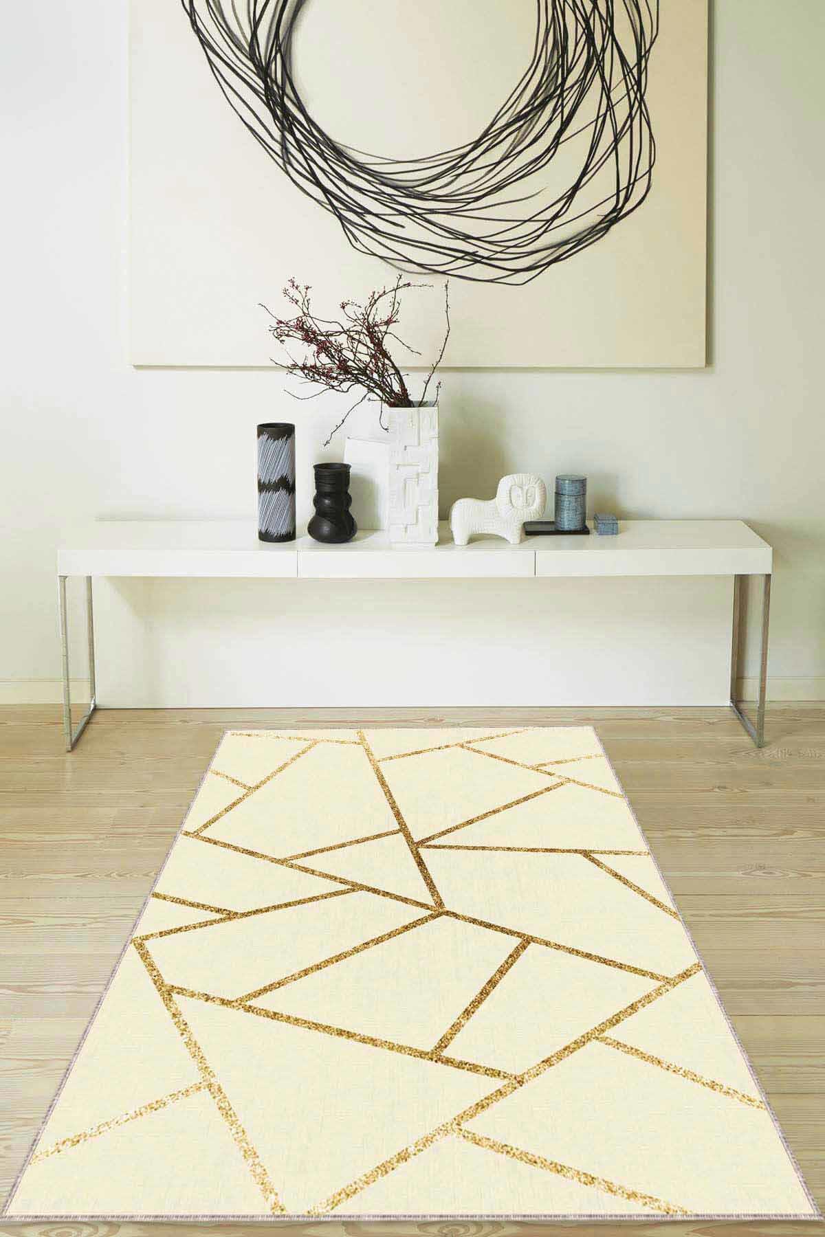 Viva Home RV162 Altın - Krem 7 mm Mikropolyester Leke tutmaz Yıkanabilir İnce Kaymaz Dot Taban Dikdörtgen Makine Dokuma Salon Halısı 160x230 cm