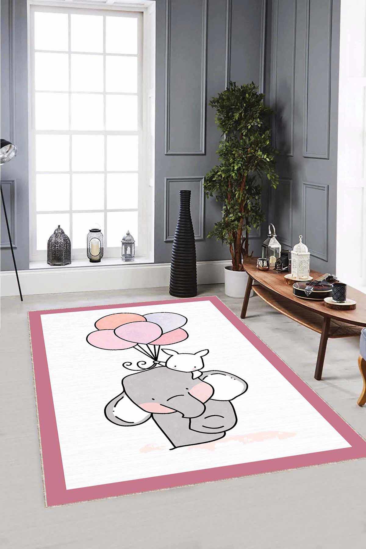 Viva Home AR771 Pembe 7 mm Mikropolyester Leke Tutmaz Yıkanabilir İnce Kaymaz Dot Taban Dikdörtgen Makine Dokuma Çocuk Odası Halısı 160x230 cm