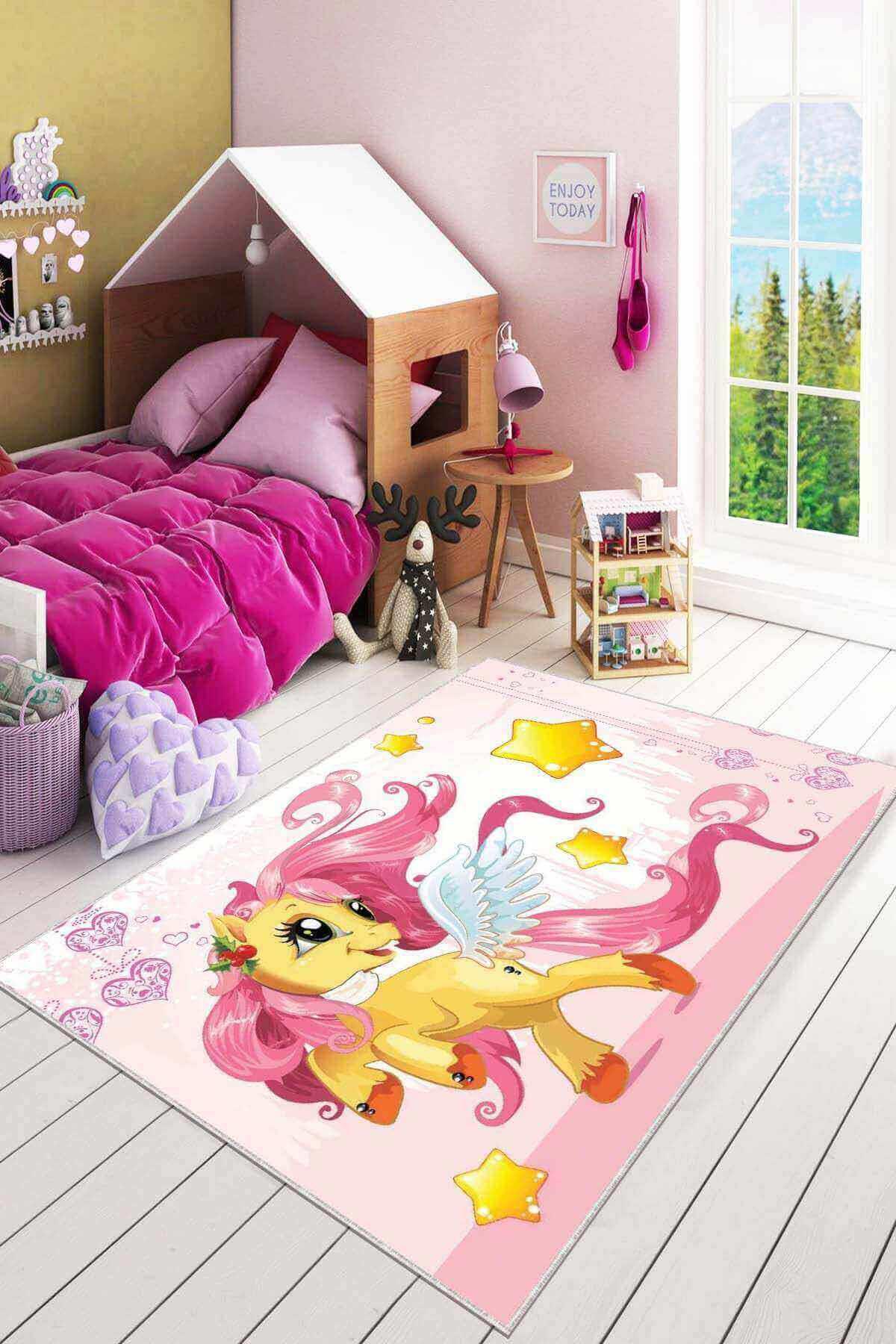 Viva Home KD70 Pembe 7 mm Mikropolyester Leke Tutmaz Yıkanabilir İnce Kaymaz Dot Taban Dikdörtgen Makine Dokuma Çocuk Odası Halısı 80x150 cm