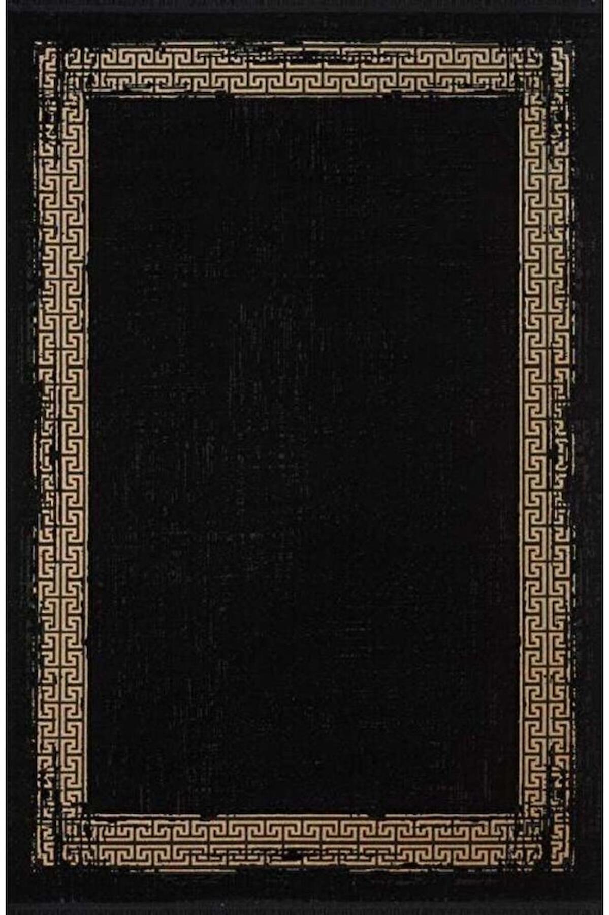 Gümüşsuyu 11298 Altın-Siyah 6 mm Viskon Toz Tutmaz Yıkanabilir İnce Kaymaz Dikdörtgen Makine Dokuma Salon Halısı 140x200 cm