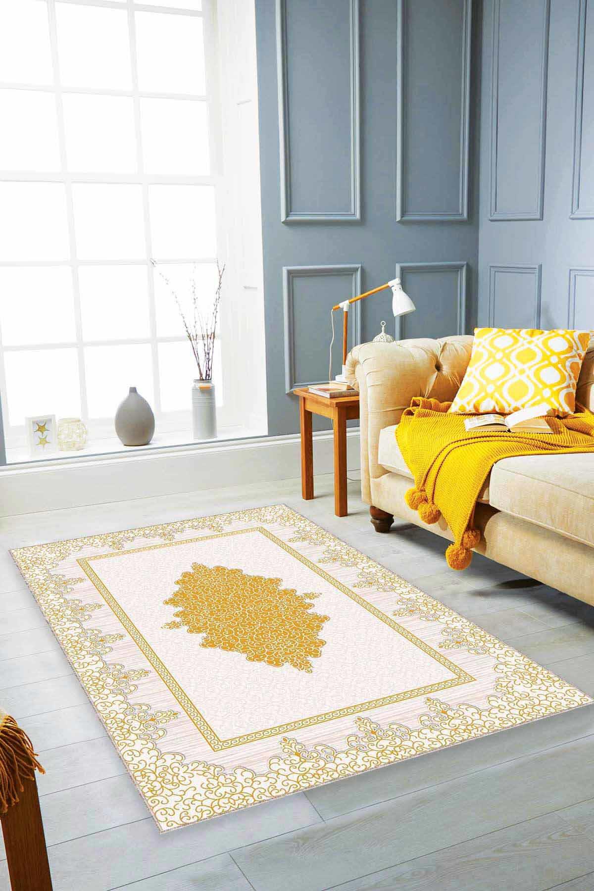 Viva Home MK68 Altın - Krem 7 mm Mikropolyester Leke tutmaz Yıkanabilir İnce Kaymaz Dot Taban Dikdörtgen Makine Dokuma Salon Halısı 200x290 cm