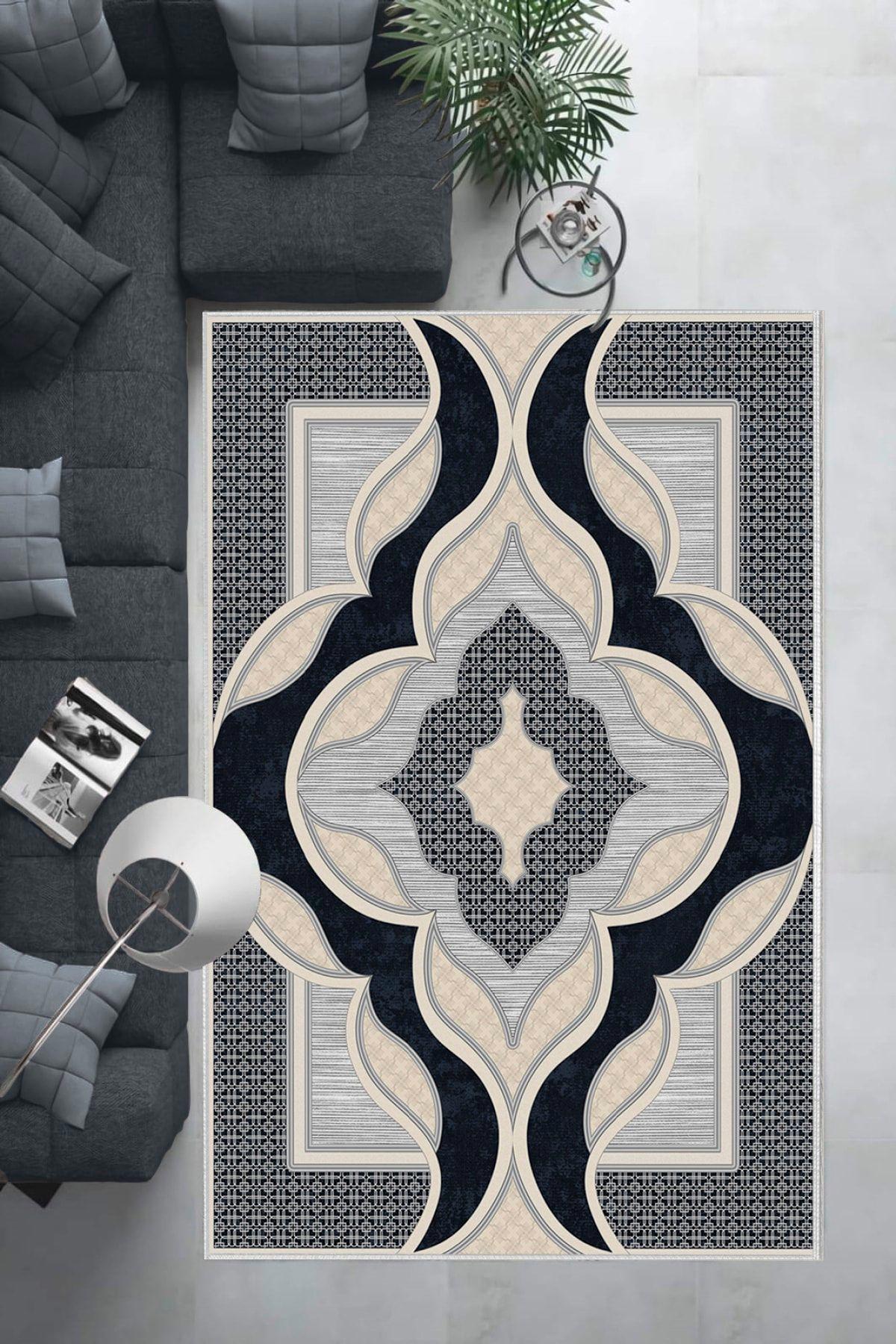 Aldora B1272 Lacivert 9 mm Deri Leke tutmaz Yıkanabilir İnce Kaymaz Deri Taban Dikdörtgen Makine Dokuma Salon Halısı 100x300 cm