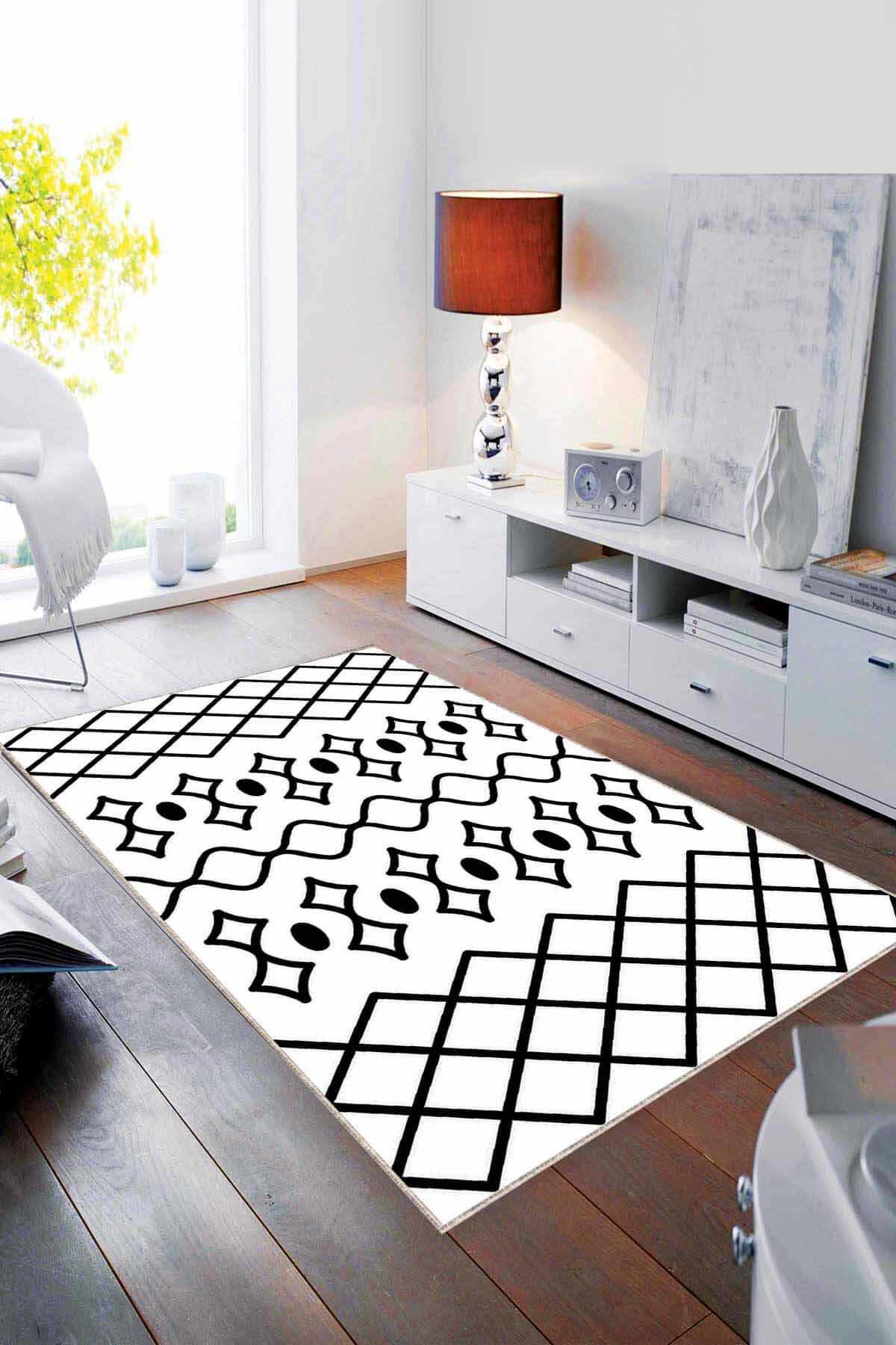 Viva Home MRC02 Beyaz - Siyah 7 mm Mikropolyester Antibakteriyel Yıkanabilir Kalın Kaymaz Lateks Taban Dikdörtgen Makine Dokuma Salon Halısı 200x290 cm