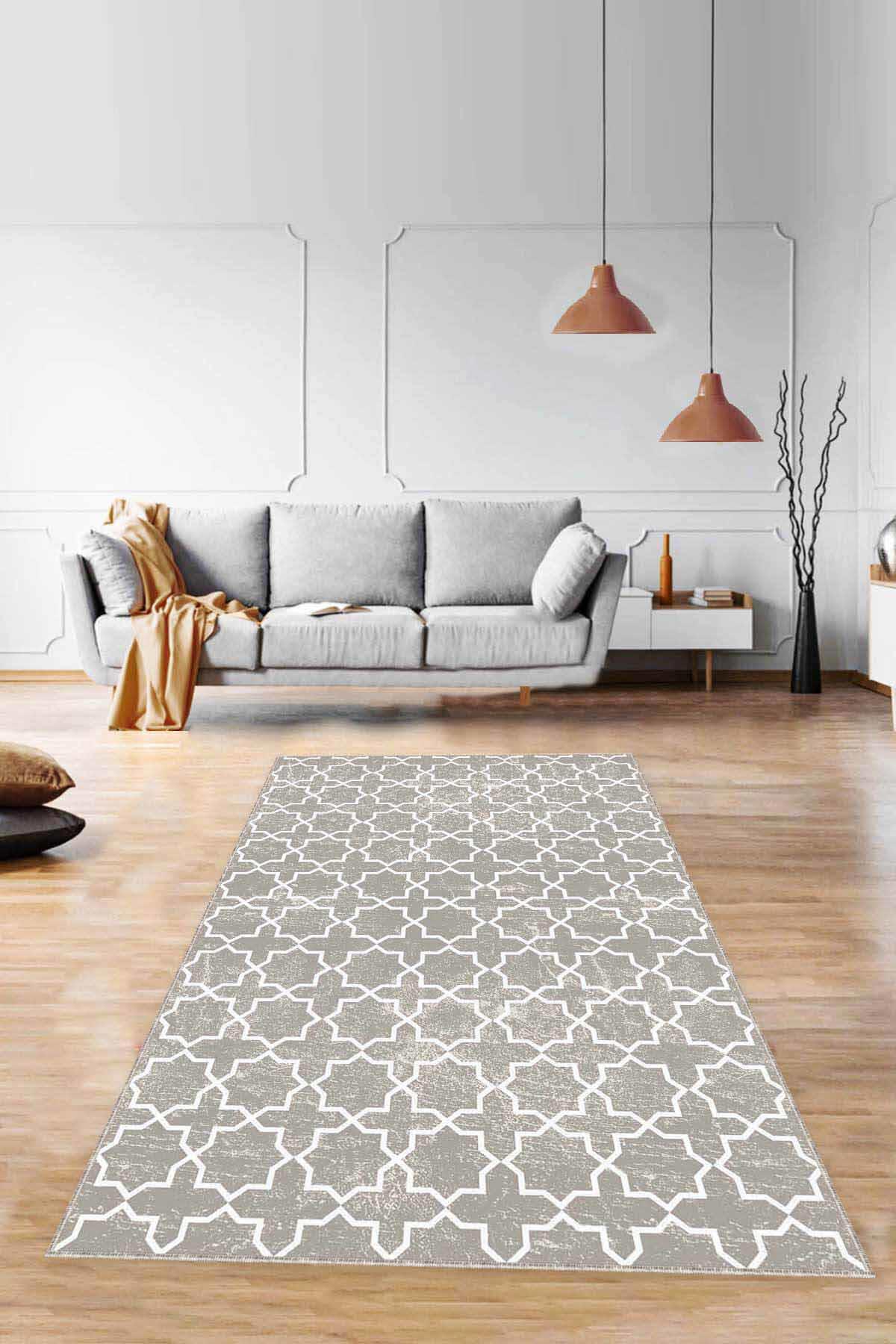 Viva Home MO08 Bej 7 mm Mikropolyester Leke Tutmaz Yıkanabilir İnce Kaymaz Dot Taban Dikdörtgen Makine Dokuma Salon Halısı 100x200 cm