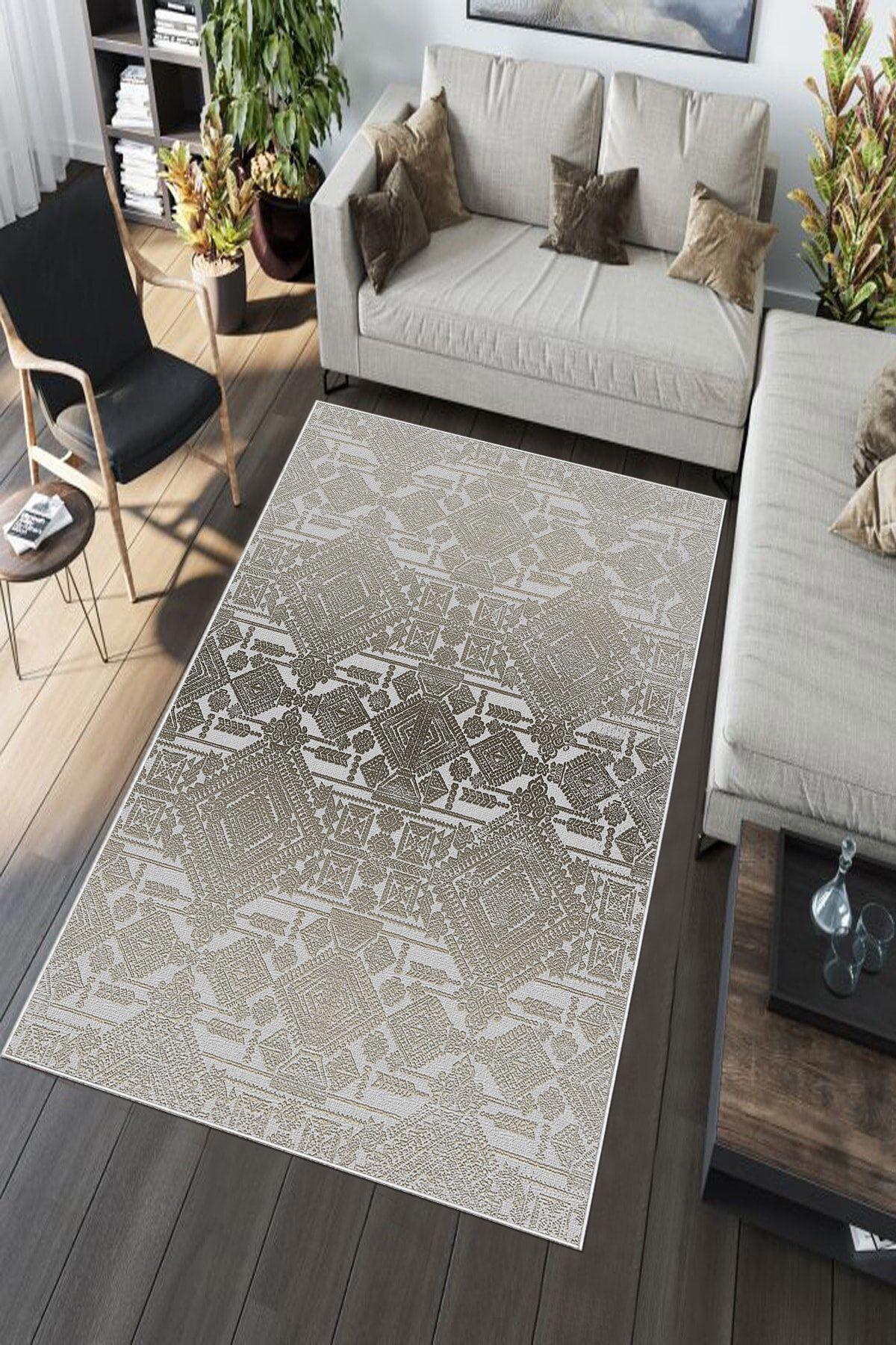 Aldora A196 Krem 9 mm Deri Leke tutmaz Yıkanabilir İnce Kaymaz Deri Taban Dikdörtgen Makine Dokuma Salon Halısı 100x150 cm