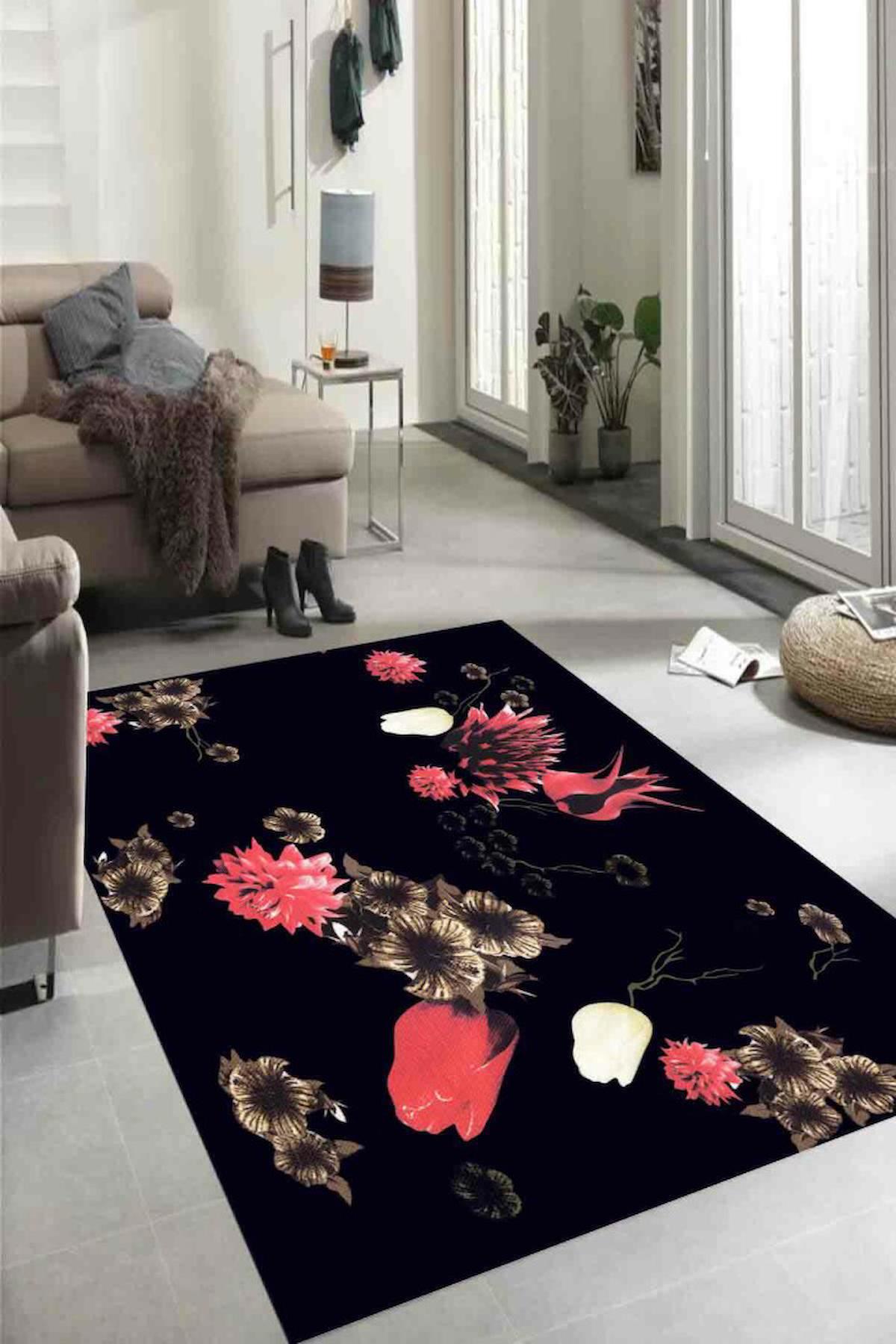 Homefesto Krem 5 mm Polyester Leke Tutmaz Yıkanabilir İnce Kaymaz Taban Çiçek Desenli Dikdörtgen Makine Dokuma Salon Halısı 195x290 cm