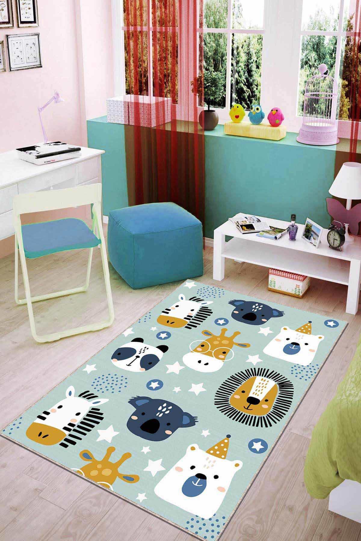 Viva Home AR786 Çok Renkli 7 mm Mikropolyester Koku Yapmaz-Leke Tutmaz-Toz Tutmaz Yıkanabilir İnce Kaymaz Dot Taban Hayvan Desenli Dikdörtgen Makine Dokuma Çocuk Odası Halısı 120x200 cm