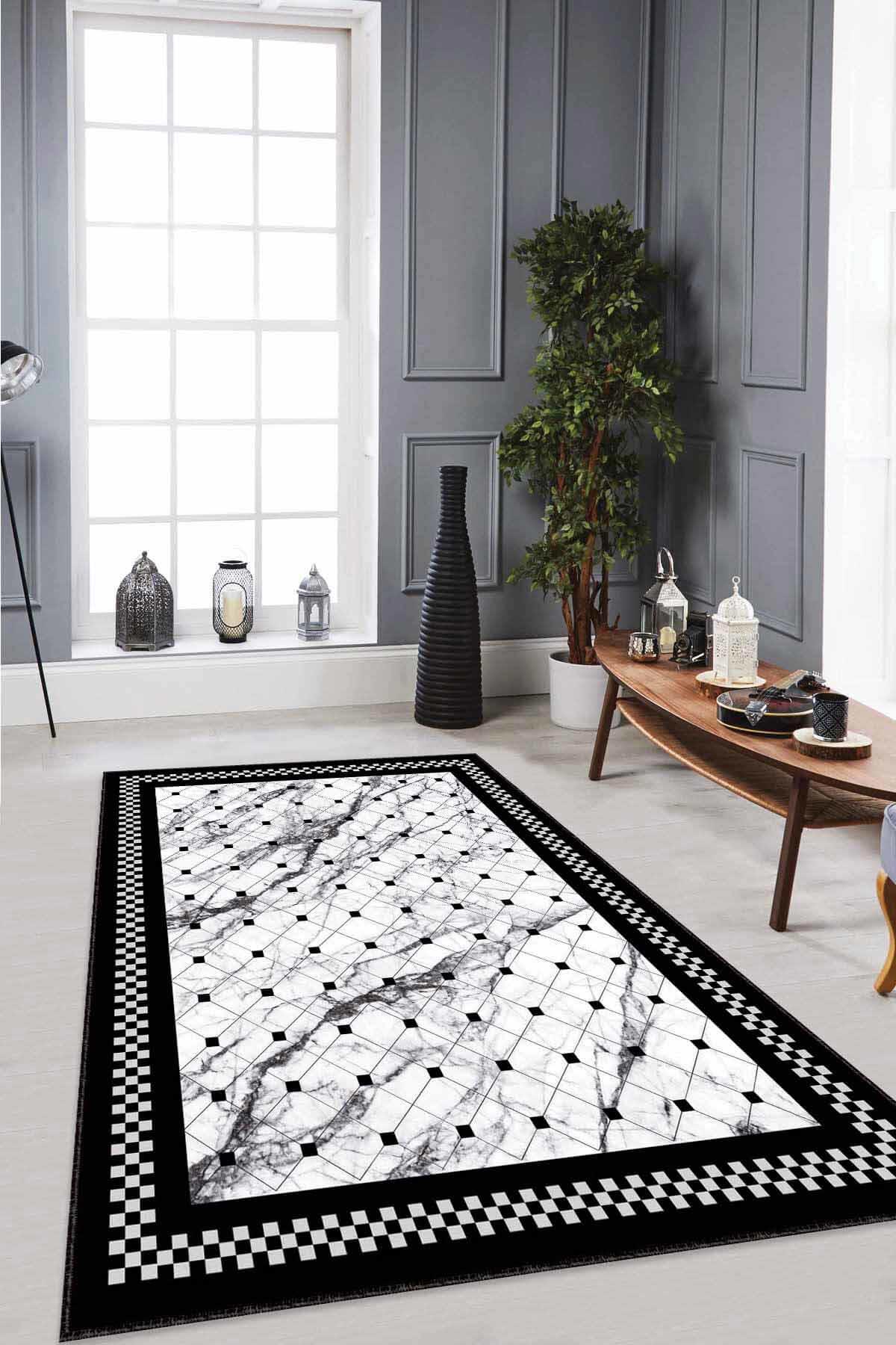 Viva Home RV147 Beyaz - Siyah 7 mm Mikropolyester Antibakteriyel Yıkanabilir Kalın Kaymaz Lateks Taban Dikdörtgen Makine Dokuma Salon Halısı 200x290 cm