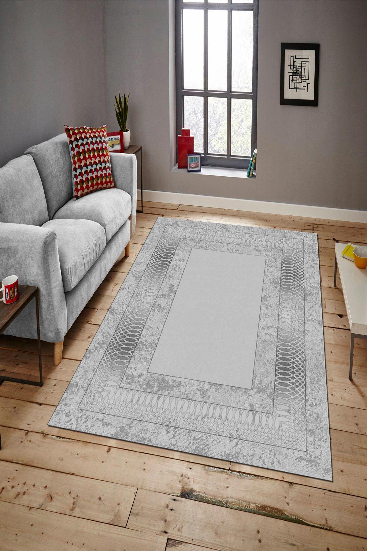 Aldora B1320 Gri 9 mm Deri Toz Tutmaz Yıkanabilir İnce Kaymaz Deri Taban Dikdörtgen Makine Dokuma Salon Halısı 40x60 cm