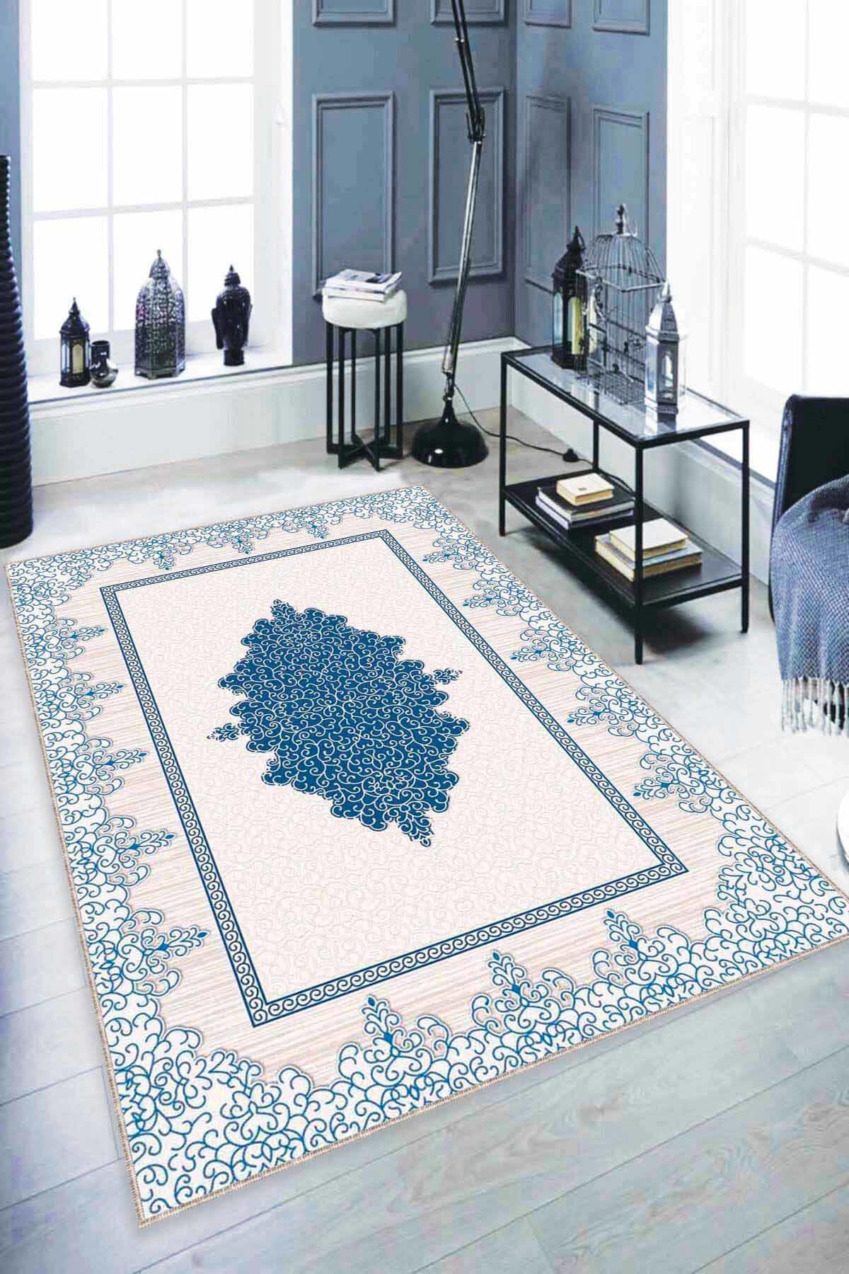 Viva Home MK75 Mavi 7 mm Mikropolyester Leke tutmaz Yıkanabilir İnce Kaymaz Taban Dikdörtgen Makine Dokuma Salon Halısı 140x200 cm