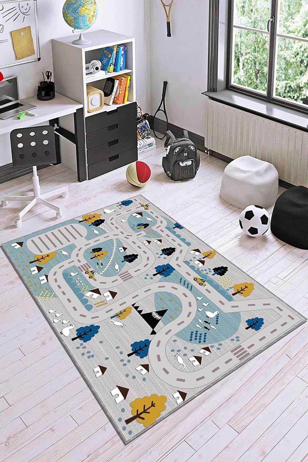 Viva Home KD054 Gri 7 mm Mikropolyester Toz Tutmaz Yıkanabilir İnce Kaymaz Dot Taban Dikdörtgen Makine Dokuma Çocuk Odası Halısı 240x340 cm