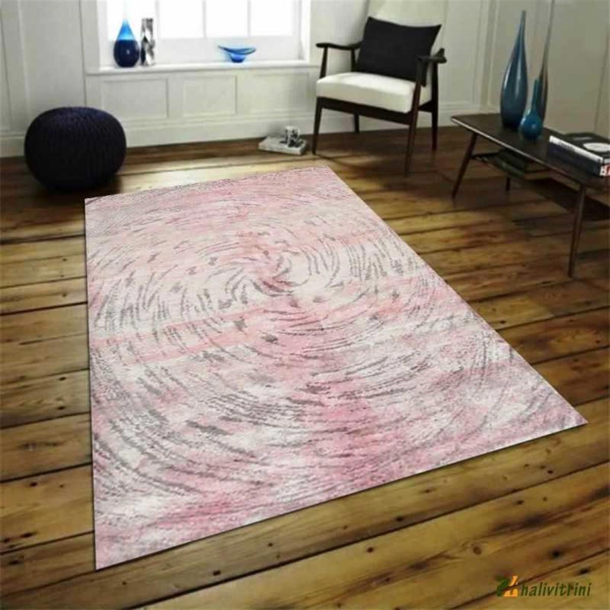 Hitit 4004 Pembe 5 mm Polyester Leke Tutmaz Yıkanabilir İnce Kaymaz Dikdörtgen Makine Dokuma Salon Halısı 140x200 cm