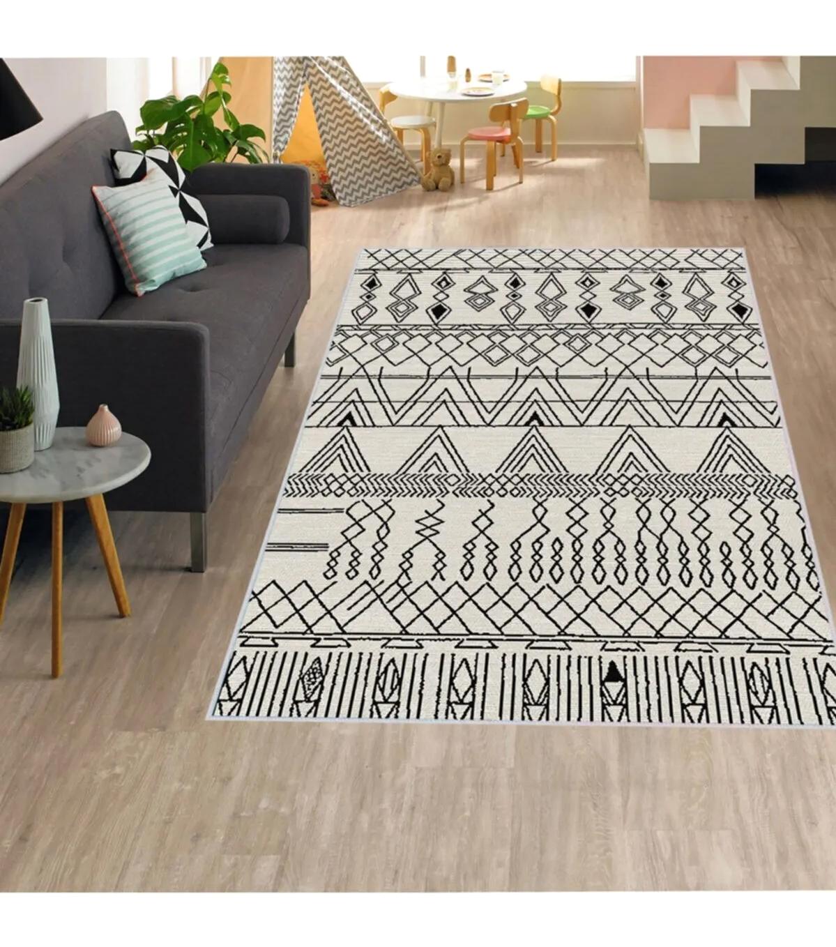 Rovigo Home RVG1323 Krem 8 mm Polyester Leke Tutmaz-Toz Tutmaz Yıkanabilir İnce Kaymaz Dot Taban Dikdörtgen Makine Dokuma Salon Halısı 80x200 cm