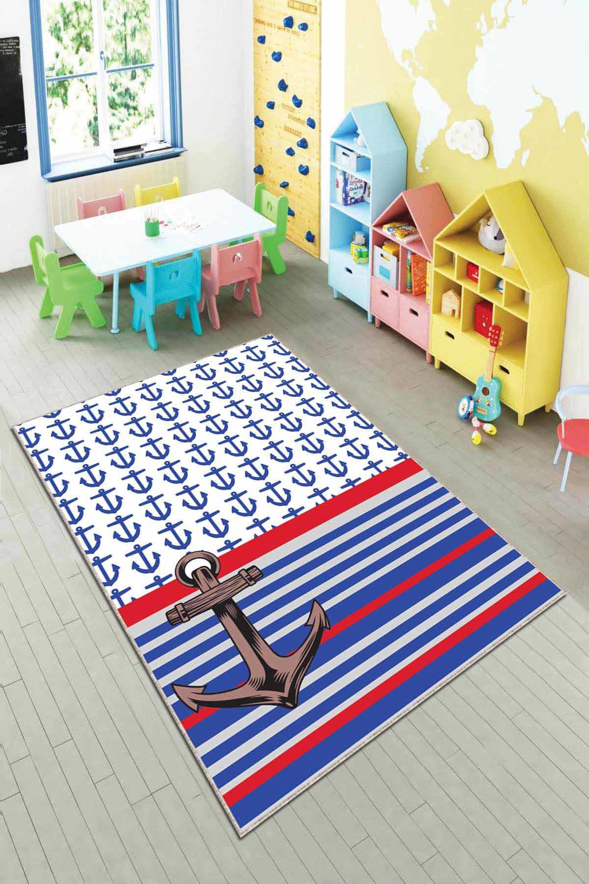 Viva Home AR1003 Kırmızı 7 mm Mikropolyester Antibakteriyel Yıkanabilir İnce Kaymaz Taban Deniz Desenli Dikdörtgen Makine Dokuma Çocuk Odası Halısı 100x300 cm