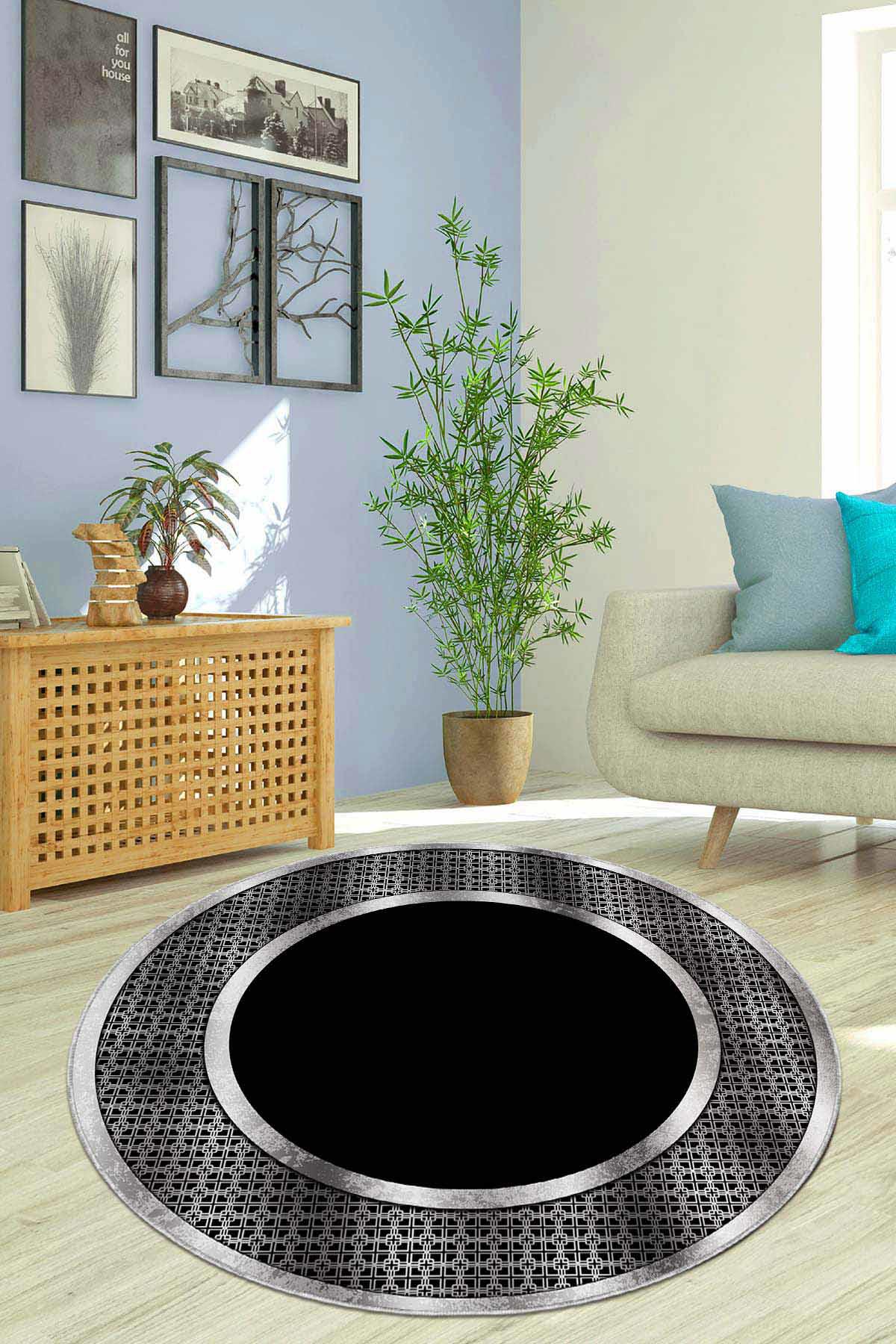 Viva Home AR990 Gri-Siyah 7 mm Mikropolyester Toz Tutmaz Yıkanabilir İnce Kaymaz Lateks Taban Yuvarlak Makine Dokuma Salon Halısı 80x300 cm