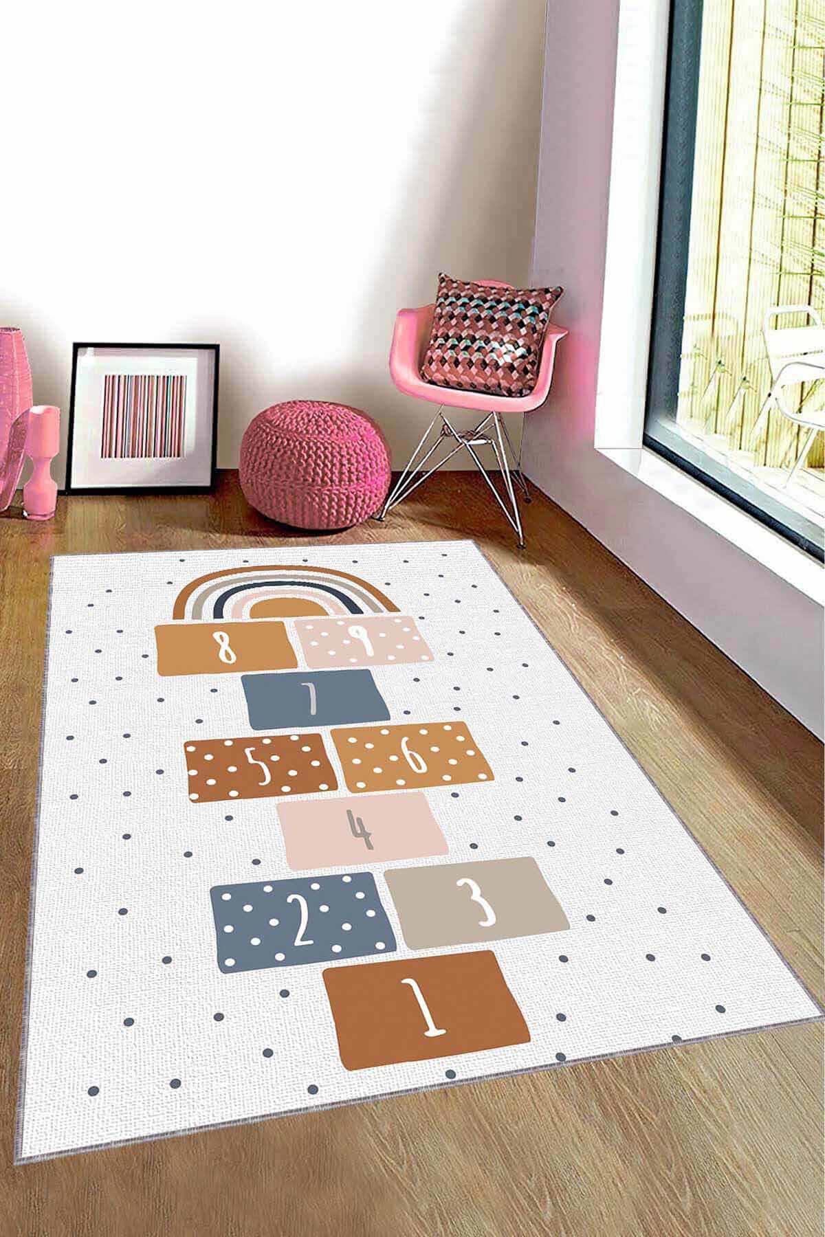 Viva Home AR1345 Ekru 7 mm Mikropolyester Silinebilir Yıkanabilir Orta Kaymaz Figürlü Dikdörtgen Makine Dokuma Çocuk Odası Halısı 80x500 cm
