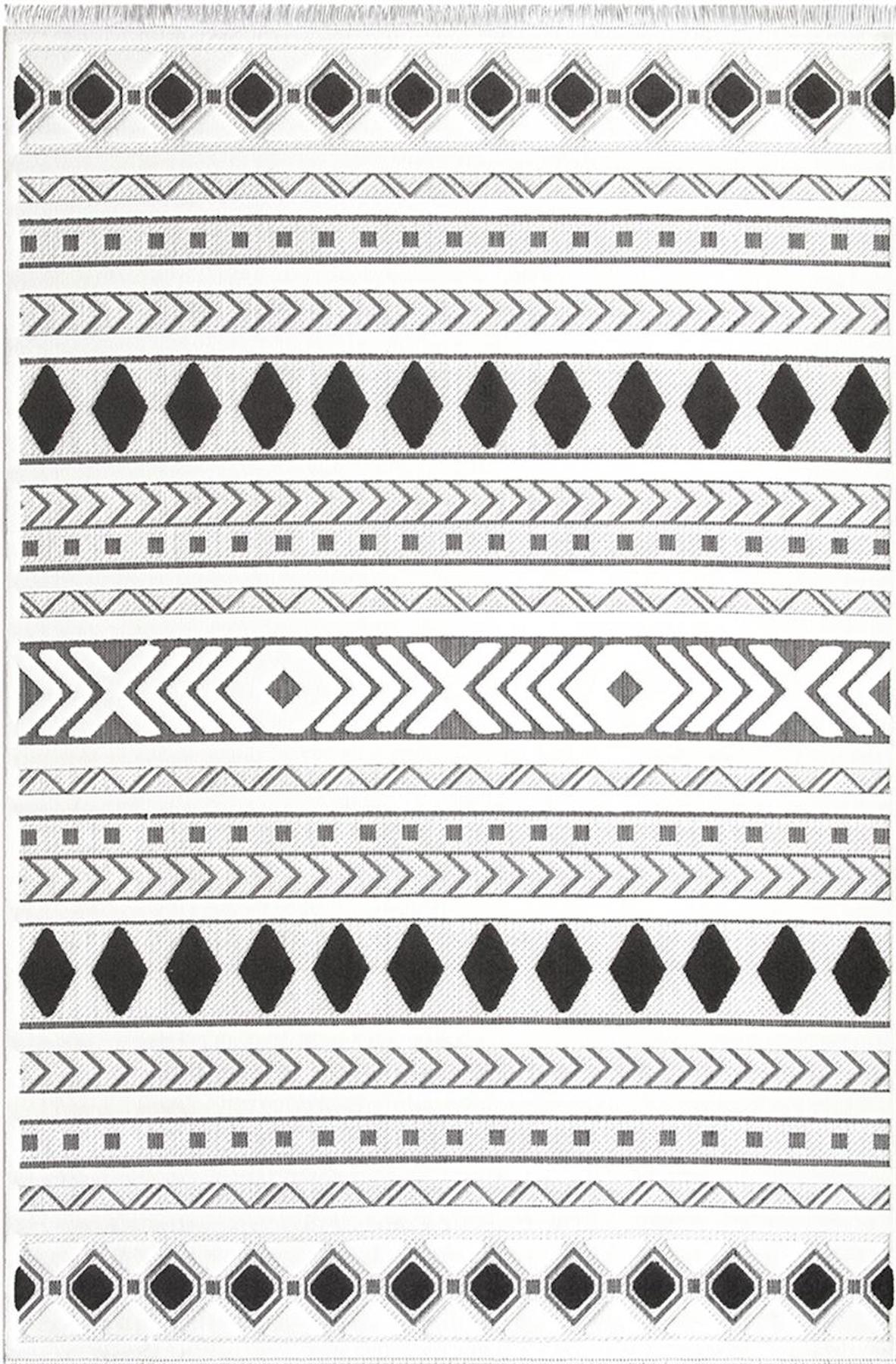 İpek Mekik Halı Almond 11411 Beyaz 8 mm Polyester Toz Tutmaz Yıkanabilir Orta Kaymaz Pamuk Taban Geometrik Dikdörtgen Makine Dokuma Antre-Çocuk Odası-Salon-Yatak Odası Halısı 120x180 cm