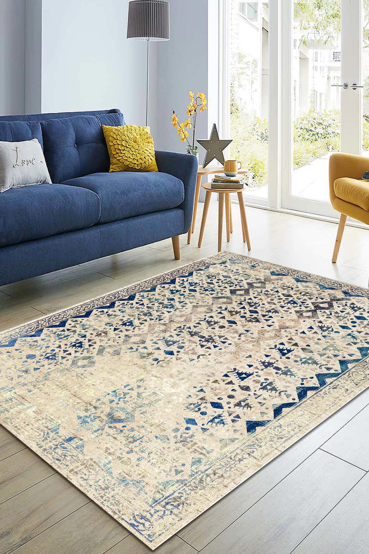 İlyaki Home Maeve Krem 0.8 mm Pamuk Antibakteriyel Yıkanabilir İnce Kaymaz Pamuk Taban Dikdörtgen Makine Dokuma Salon Halısı 200x200 cm
