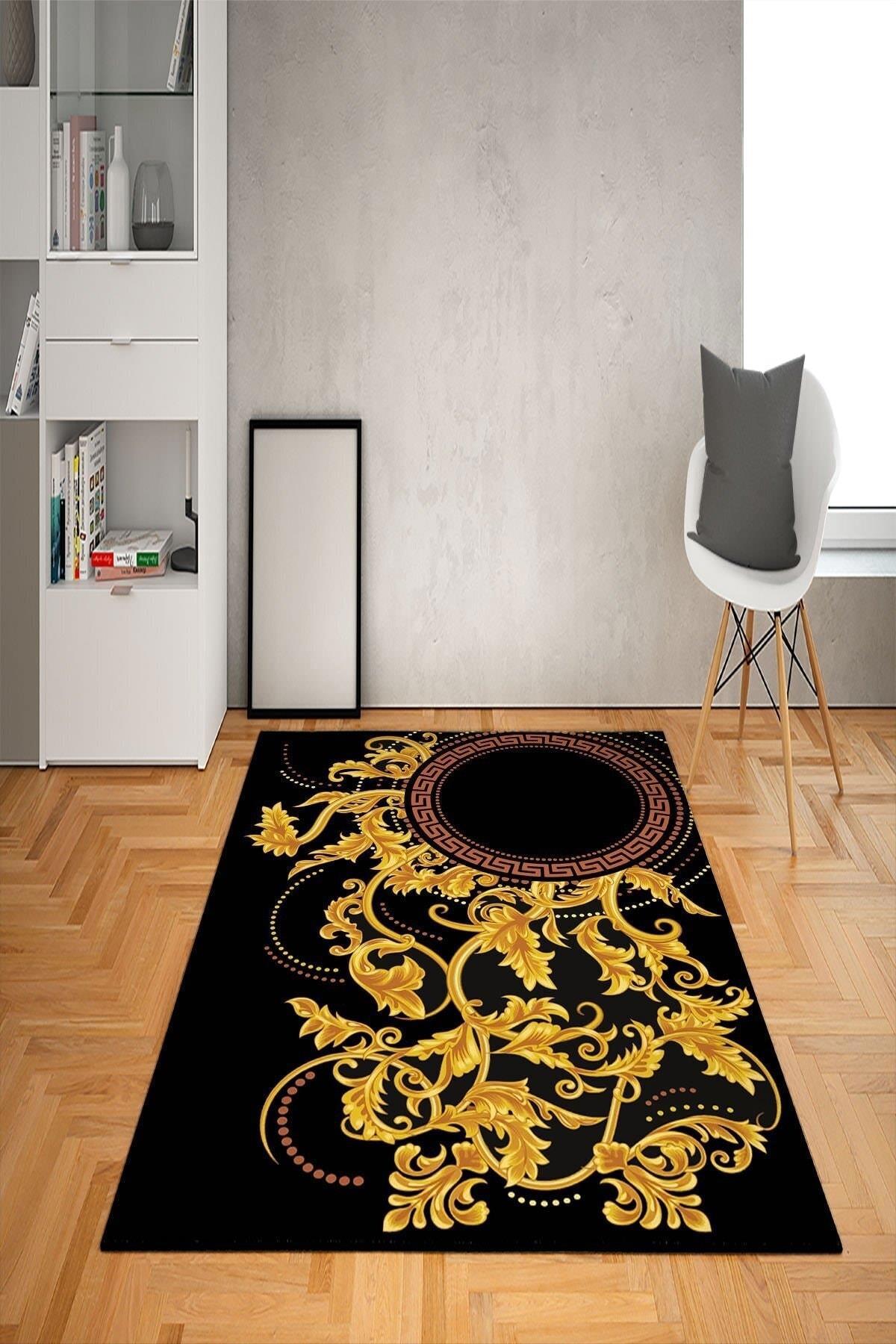 Doruklar Home Collection Altın-Siyah 0.7 mm Antibakteriyel Yıkanabilir Kalın Kaymaz Taban Dikdörtgen Makine Dokuma Çocuk Odası Halısı 100x150 cm