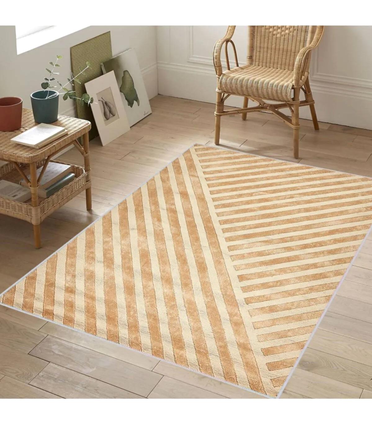 Rovigo Home RVG1041 Altın - Beyaz 8 mm Polyester Antibakteriyel-Leke Tutmaz-Toz Tutmaz Yıkanabilir İnce Kaymaz Dot Taban Dikdörtgen Makine Dokuma Salon Halısı 160x230 cm