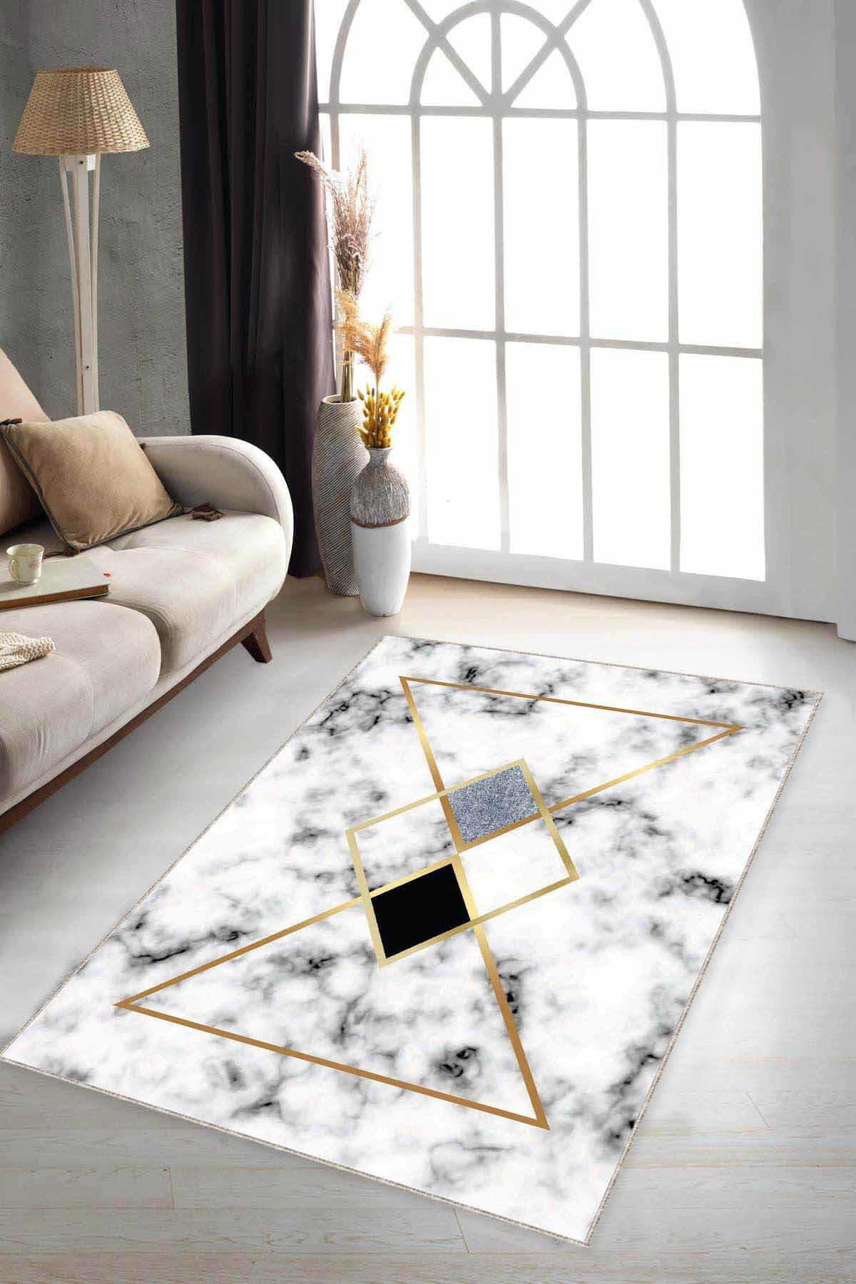 Viva Home AR015 Altın 7 mm Mikropolyester Antibakteriyel Yıkanabilir İnce Kaymaz Dot Taban Geometrik Dikdörtgen Makine Dokuma Salon Halısı 40x60 cm