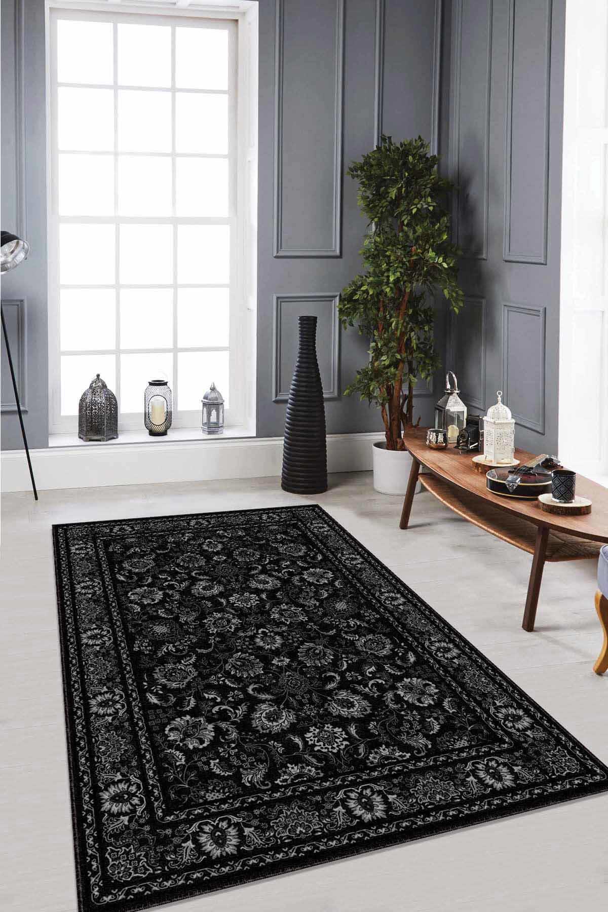 Viva Home RV289 Siyah 7 mm Mikropolyester Toz Tutmaz Yıkanabilir İnce Kaymaz Lateks Taban Dikdörtgen Makine Dokuma Salon Halısı 100x300 cm