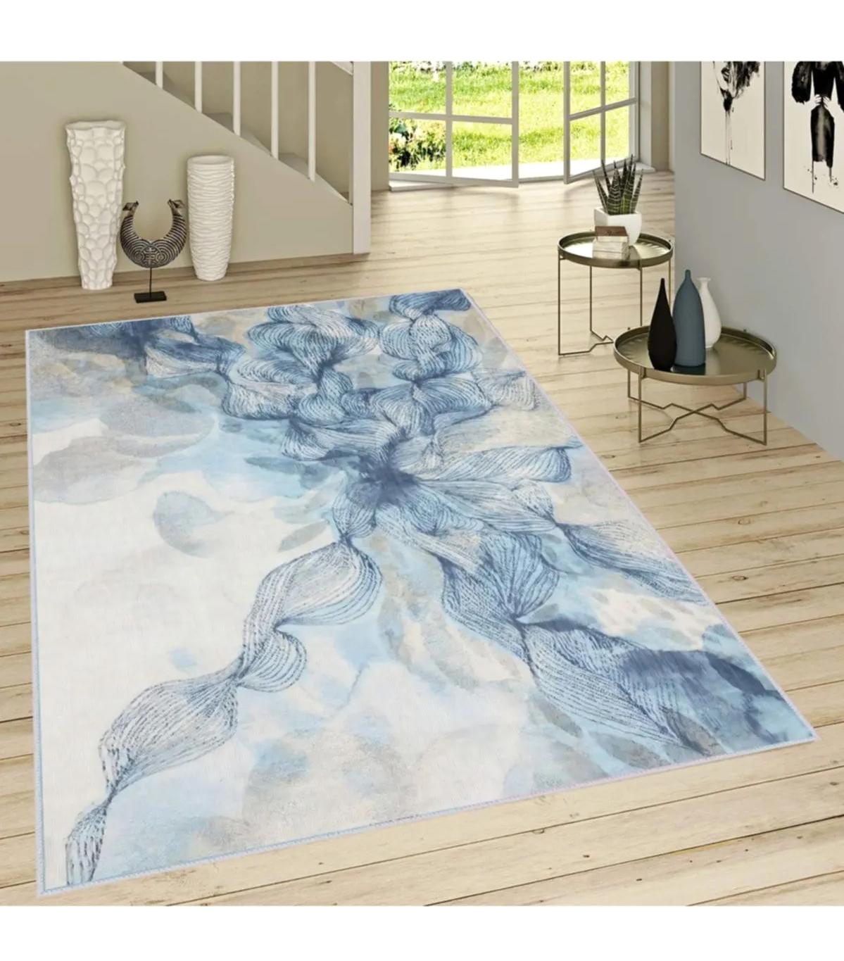 Rovigo Home RVG1712 Beyaz-Mavi 8 mm Polyester Antibakteriyel-Leke Tutmaz-Toz Tutmaz Yıkanabilir İnce Kaymaz Dot Taban Dikdörtgen Makine Dokuma Salon Halısı 100x200 cm