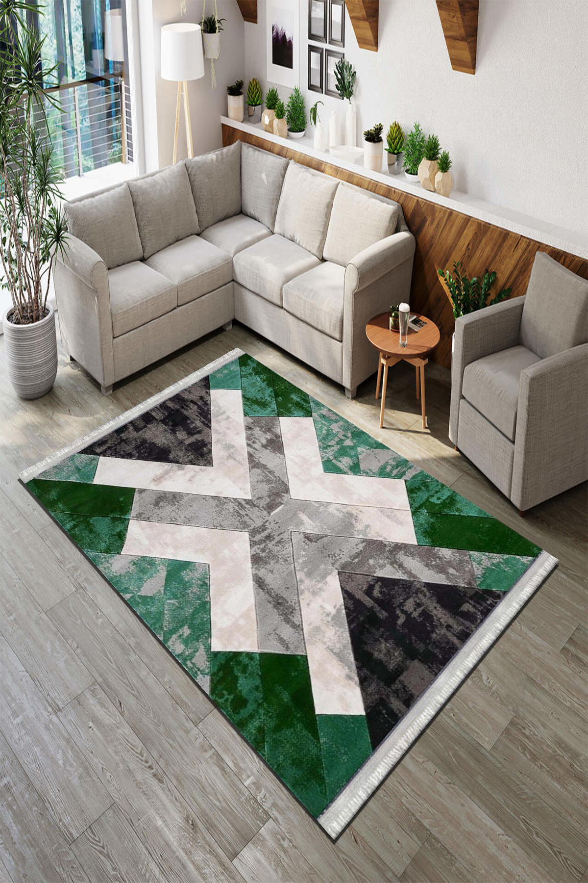 Roslyn Home Yeşil 6 mm Polyester Toz Tutmaz Yıkanabilir İnce Kaymaz Dot Taban Geometrik Dikdörtgen Makine Dokuma Salon Halısı