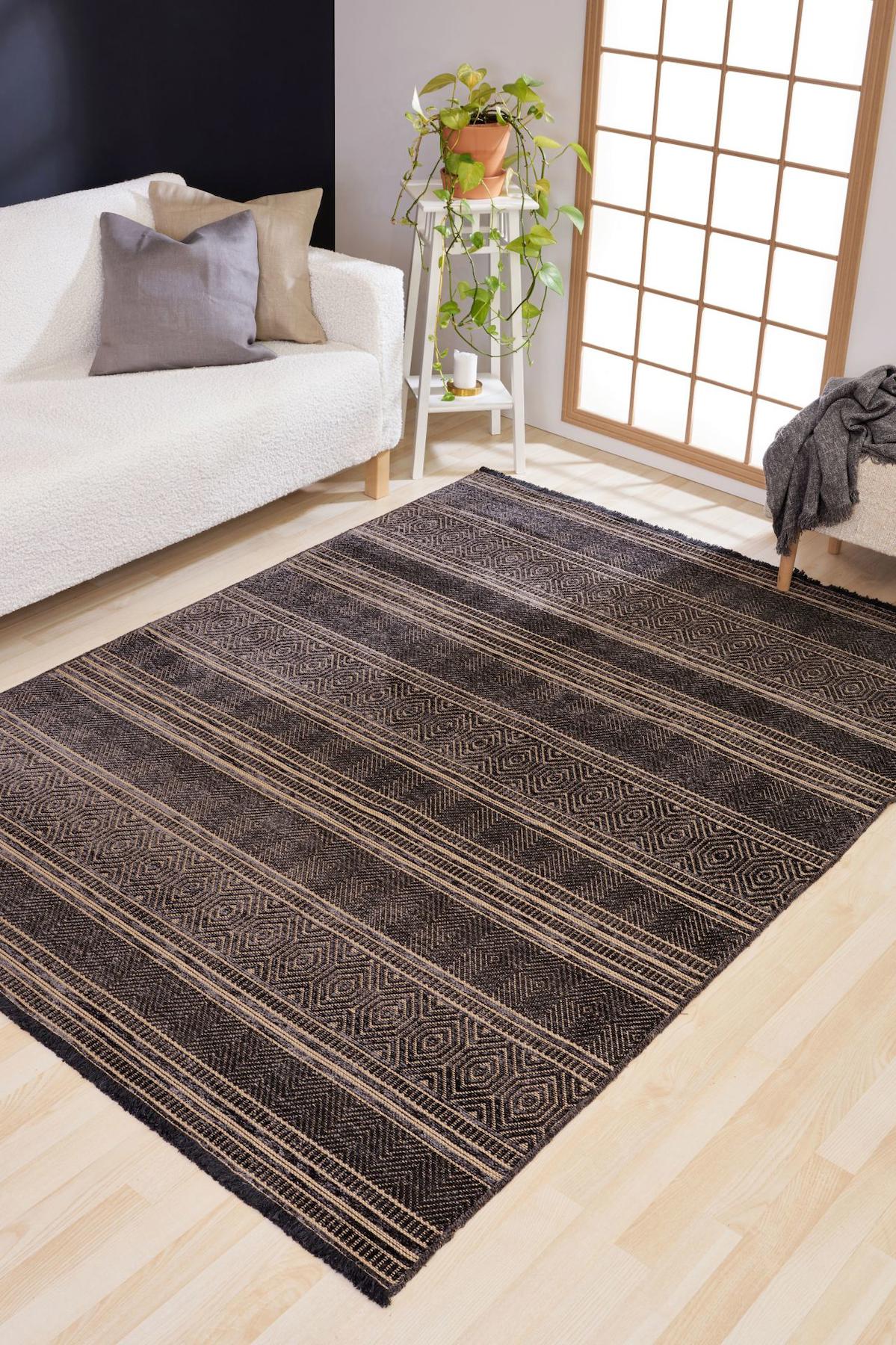 Apex Gloria 4004 Antrasit Viskon Yıkanabilir İnce Kaymaz Jüt Taban Dikdörtgen Makine Dokuma Salon Halısı 170x170 cm