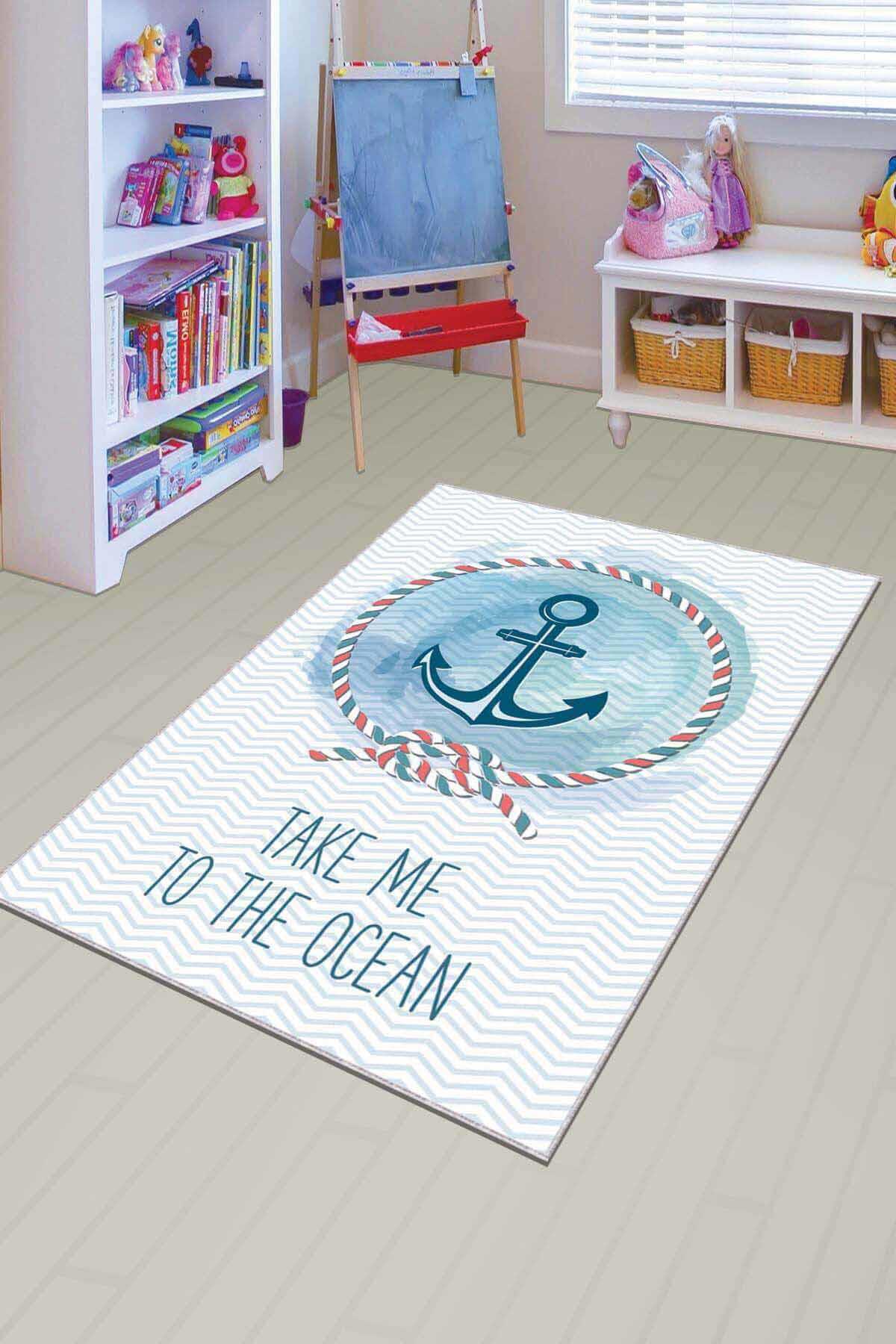 Viva Home AR068 Mavi 7 mm Mikropolyester Leke tutmaz Yıkanabilir İnce Kaymaz Dot Taban Dikdörtgen Makine Dokuma Çocuk Odası Halısı 80x150 cm