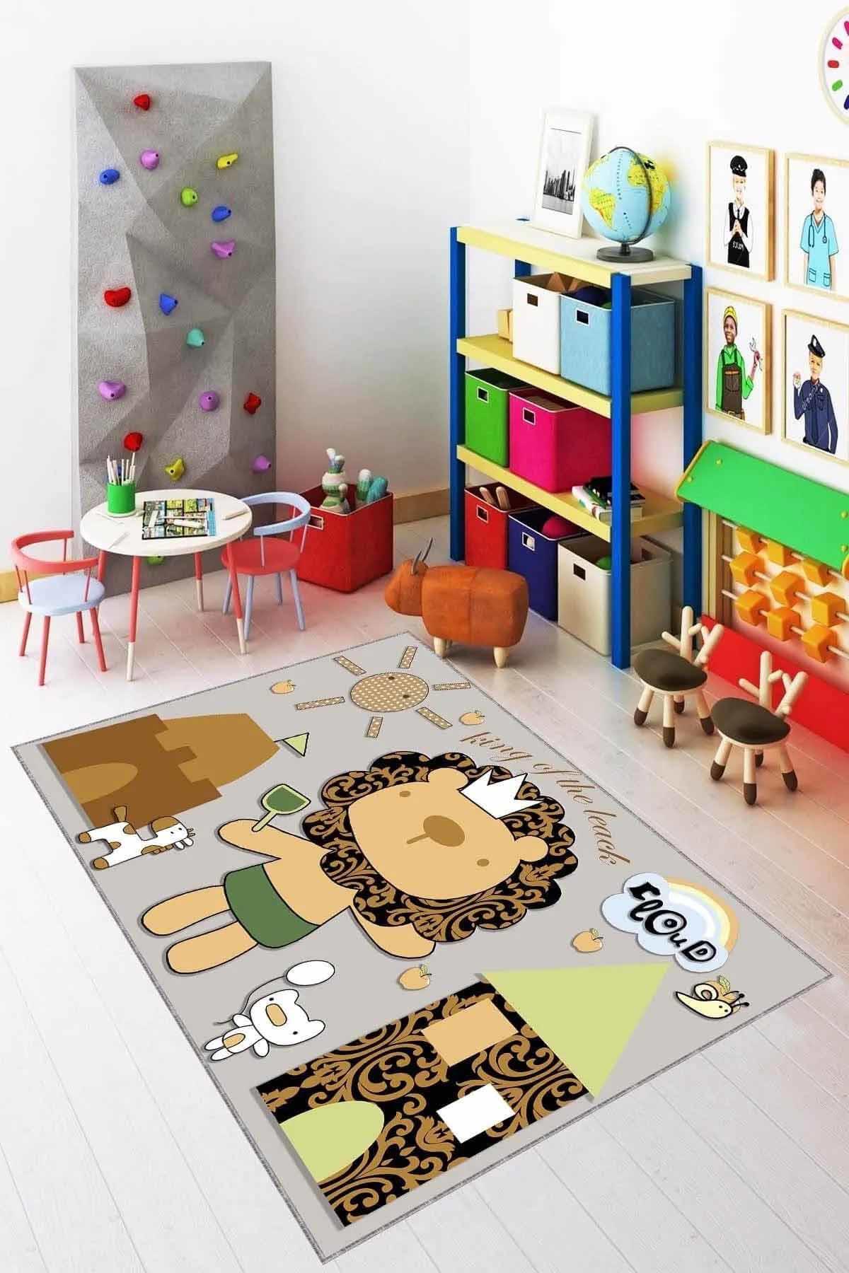 Viva Home KD033 Bej 7 mm Mikropolyester Leke Tutmaz Yıkanabilir İnce Kaymaz Dot Taban Figürlü Dikdörtgen Makine Dokuma Çocuk Odası Halısı 160x300 cm