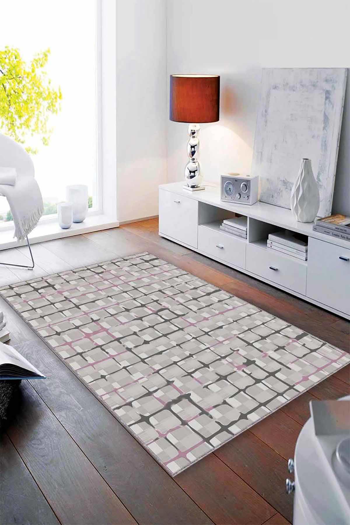 Viva Home FV005 Pembe 7 mm Mikropolyester Leke Tutmaz Yıkanabilir İnce Kaymaz Dot Taban Dikdörtgen Makine Dokuma Salon Halısı 180x180 cm
