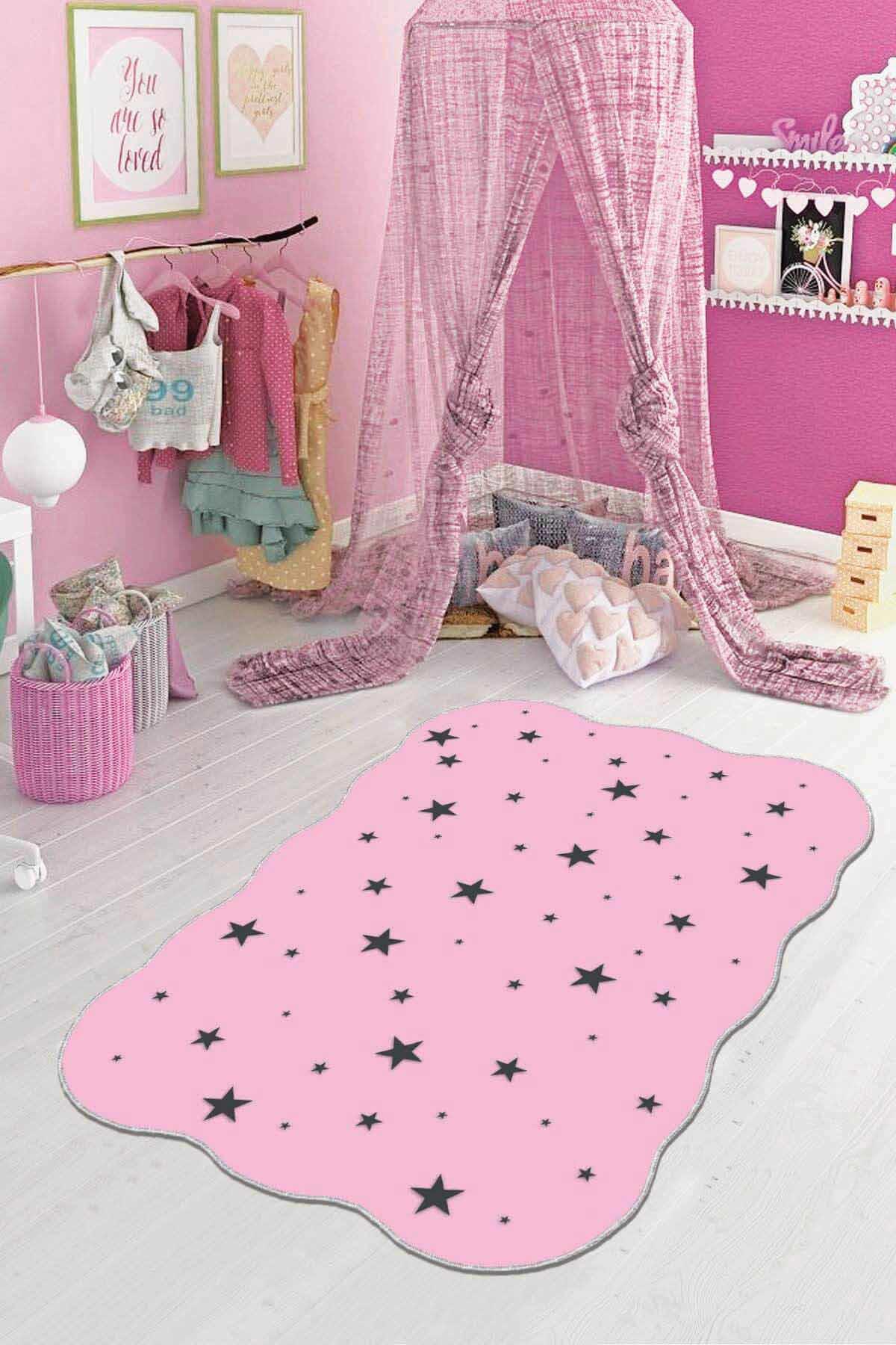 Viva Home AR004 Pembe 7 mm Mikropolyester Leke Tutmaz Yıkanabilir İnce Kaymaz Dot Taban Dikdörtgen Makine Dokuma Çocuk Odası Halısı 100x150 cm