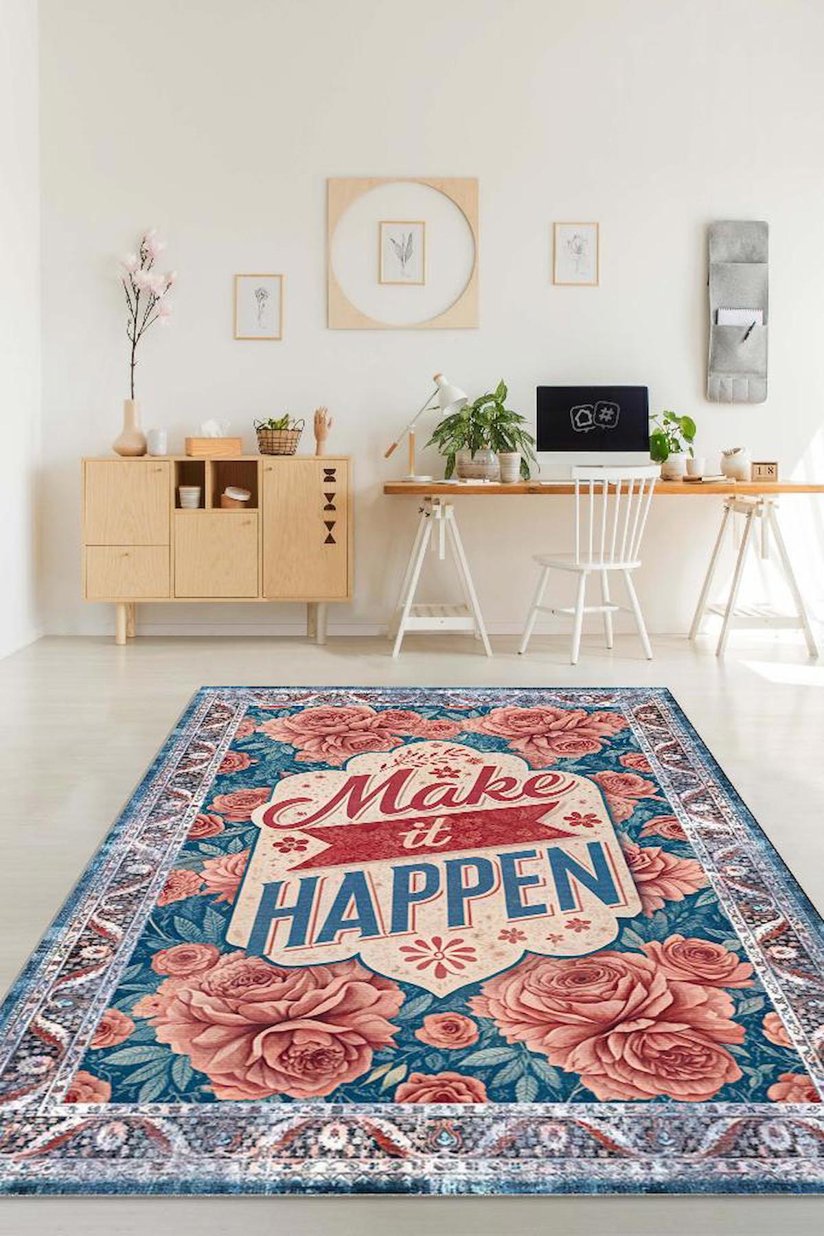 Homshtag Gerçekleştir Krem 4 mm Pamuk Antistatik Yıkanabilir İnce Kaymaz Dikdörtgen Makine Dokuma Salon Halısı 200x750 cm