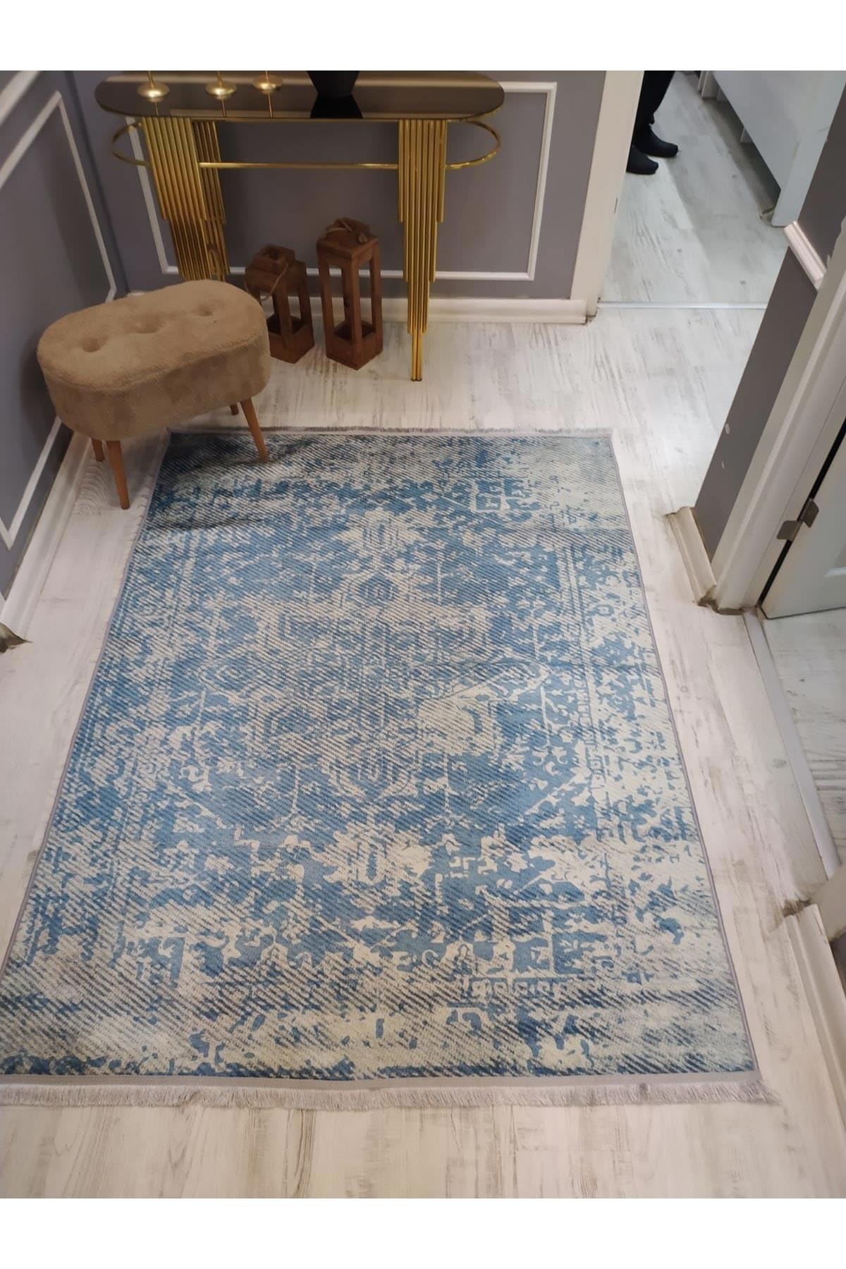 Doruklar Home Collection Bej - Mavi 0.7 mm Yıkanabilir Kaymaz Taban Dikdörtgen Makine Dokuma Halı 80x100 cm