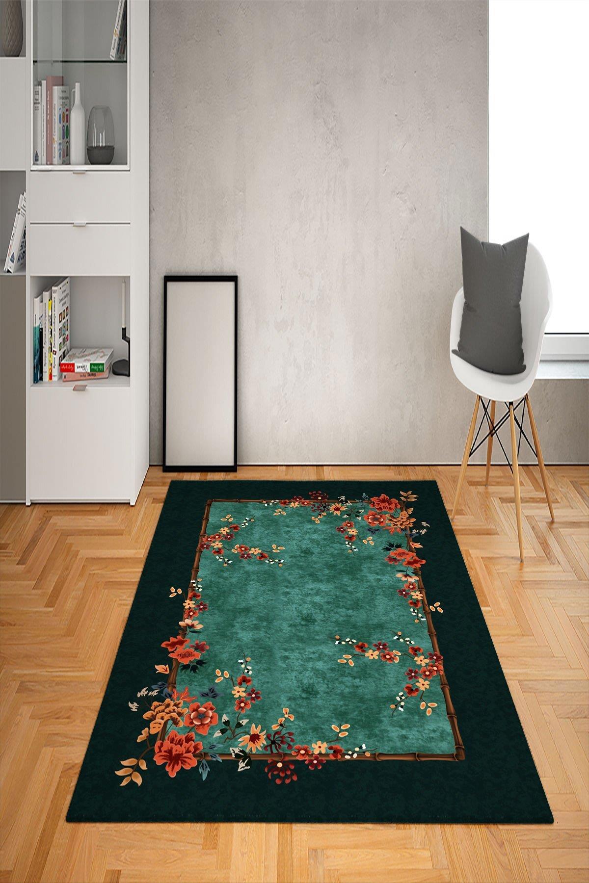 Doruklar Home Collection Çok Renkli 0.7 mm Antibakteriyel Yıkanabilir Kalın Kaymaz Taban Çiçek Desenli Dikdörtgen Makine Dokuma Salon Halısı 150x150 cm