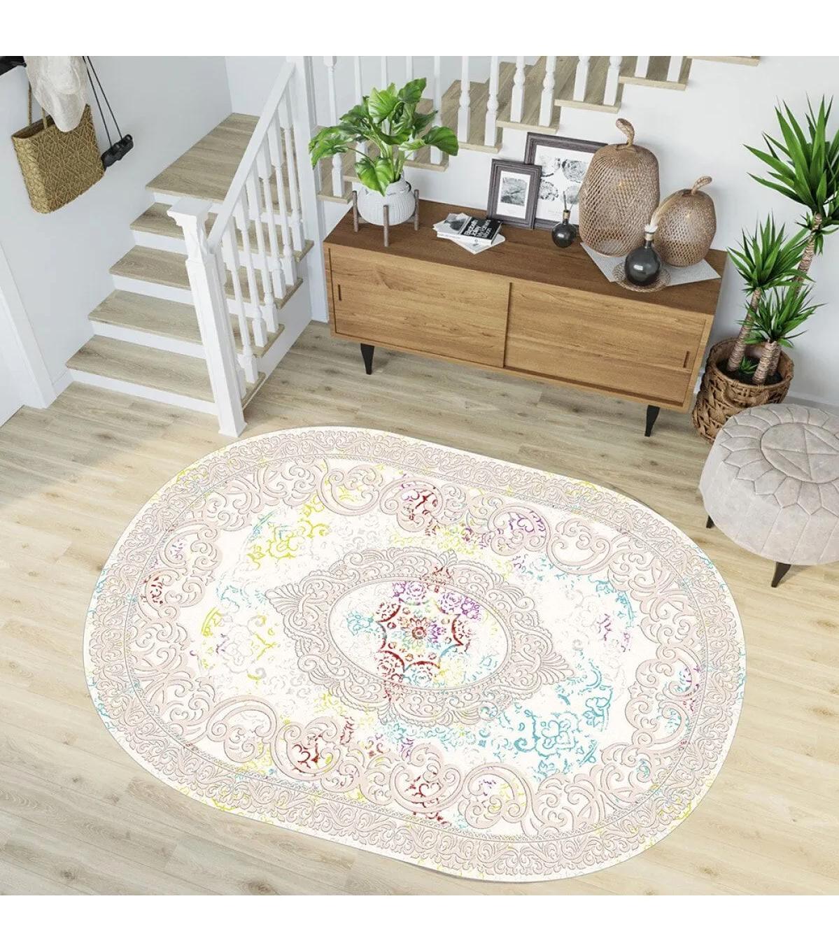 Rovigo Home RVG7207-HY1057 Krem 8 mm Polyester Yıkanabilir Orta Kaymaz Dot Taban Dikdörtgen Makine Dokuma Salon Halısı 140x200 cm