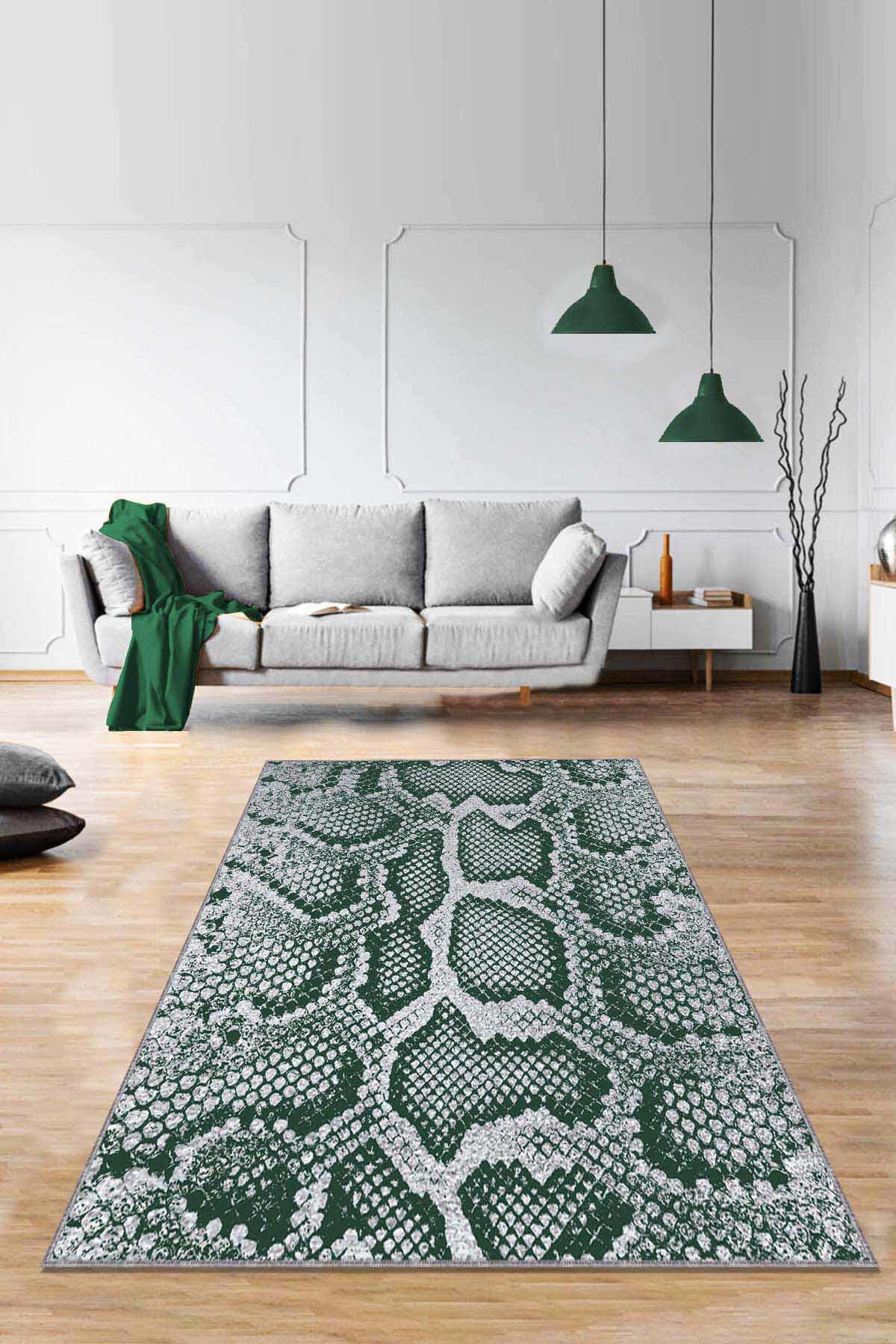Viva Home RV236 Yeşil 7 mm Mikropolyester Antialerjenik Yıkanabilir İnce Kaymaz Taban Dikdörtgen Makine Dokuma Antre-Salon-Yatak Odası Halısı 80x500 cm