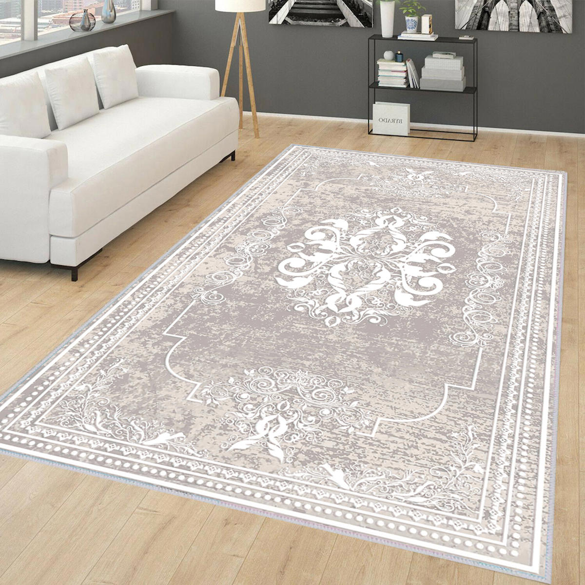 Rovigo Home RVG0254 Krem 8 mm Polyester Leke Tutmaz-Toz Tutmaz Yıkanabilir İnce Kaymaz Dot Taban Dikdörtgen Makine Dokuma Salon Halısı 160x230 cm
