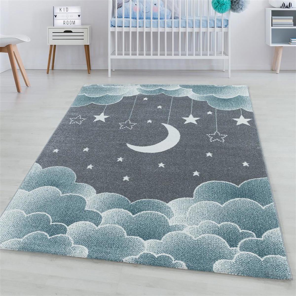 Red Halı Mavi 11 mm Polipropilen Antialerjenik Yıkanabilir Orta Kaymaz Jüt Taban Geometrik Dikdörtgen Makine Dokuma Çocuk Odası Halısı 140x200 cm