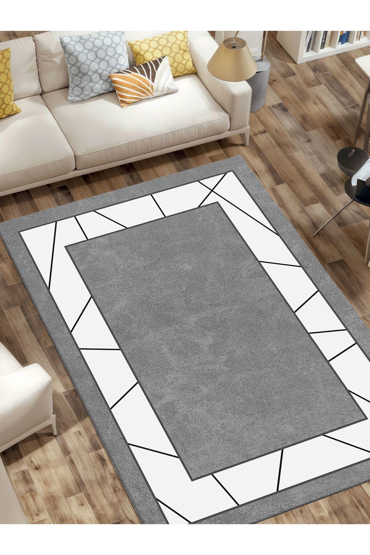 İnspira Beyaz-Gri 12 mm Polyester Kaymaz Taban Dikdörtgen Halı 120x180 cm