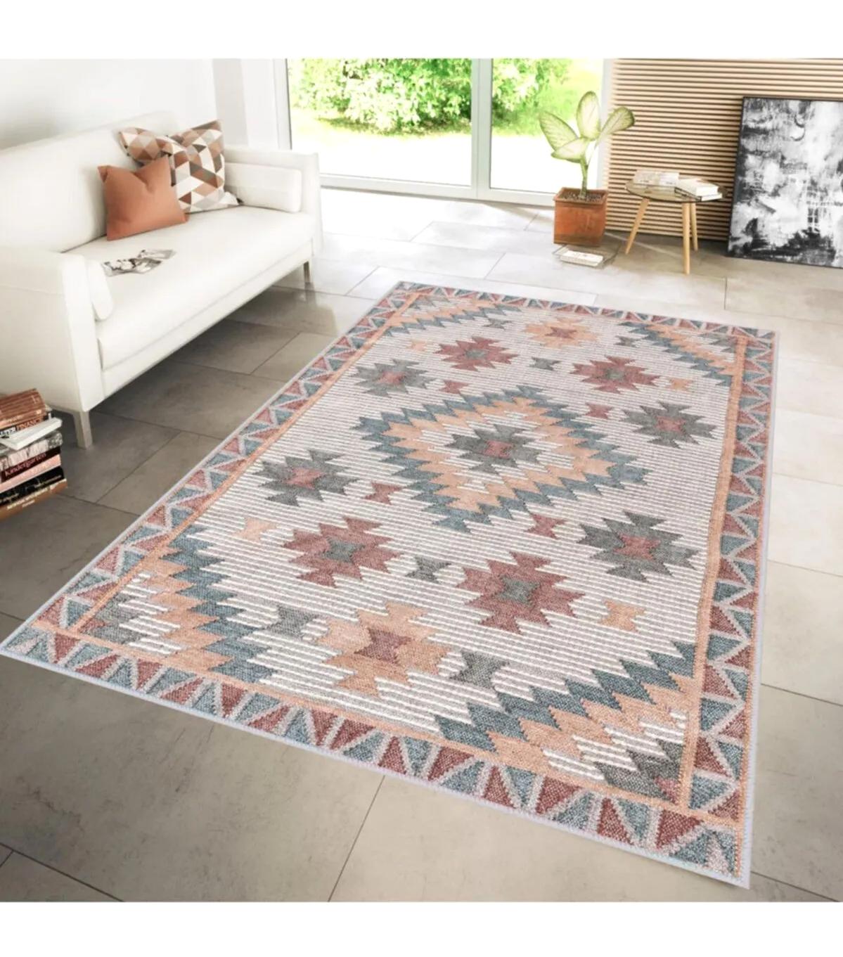 Rovigo Home RVG1231 Çok Renkli 8 mm Polyester Antibakteriyel-Leke Tutmaz-Toz Tutmaz Yıkanabilir İnce Kaymaz Dot Taban Dikdörtgen Makine Dokuma Salon Halısı 180x180 cm