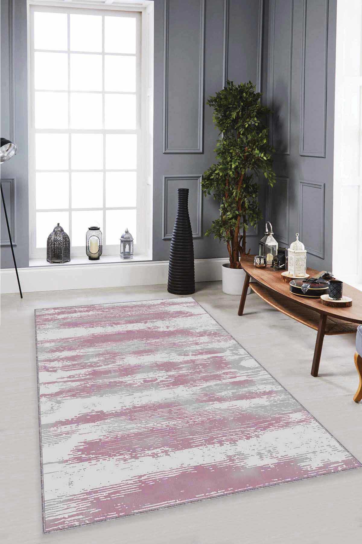 Viva Home MU008 Pembe 7 mm Mikropolyester Leke Tutmaz Yıkanabilir İnce Kaymaz Dot Taban Dikdörtgen Makine Dokuma Salon Halısı 180x180 cm
