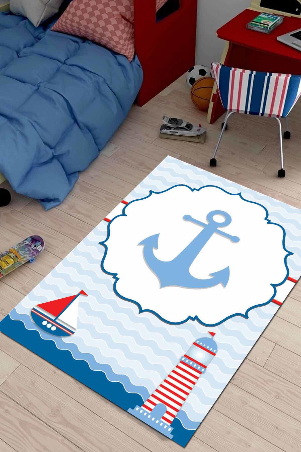 Viva Home KD122 Mavi 7 mm Mikropolyester Leke tutmaz Yıkanabilir İnce Kaymaz Dot Taban Dikdörtgen Makine Dokuma Çocuk Odası Halısı 100x150 cm