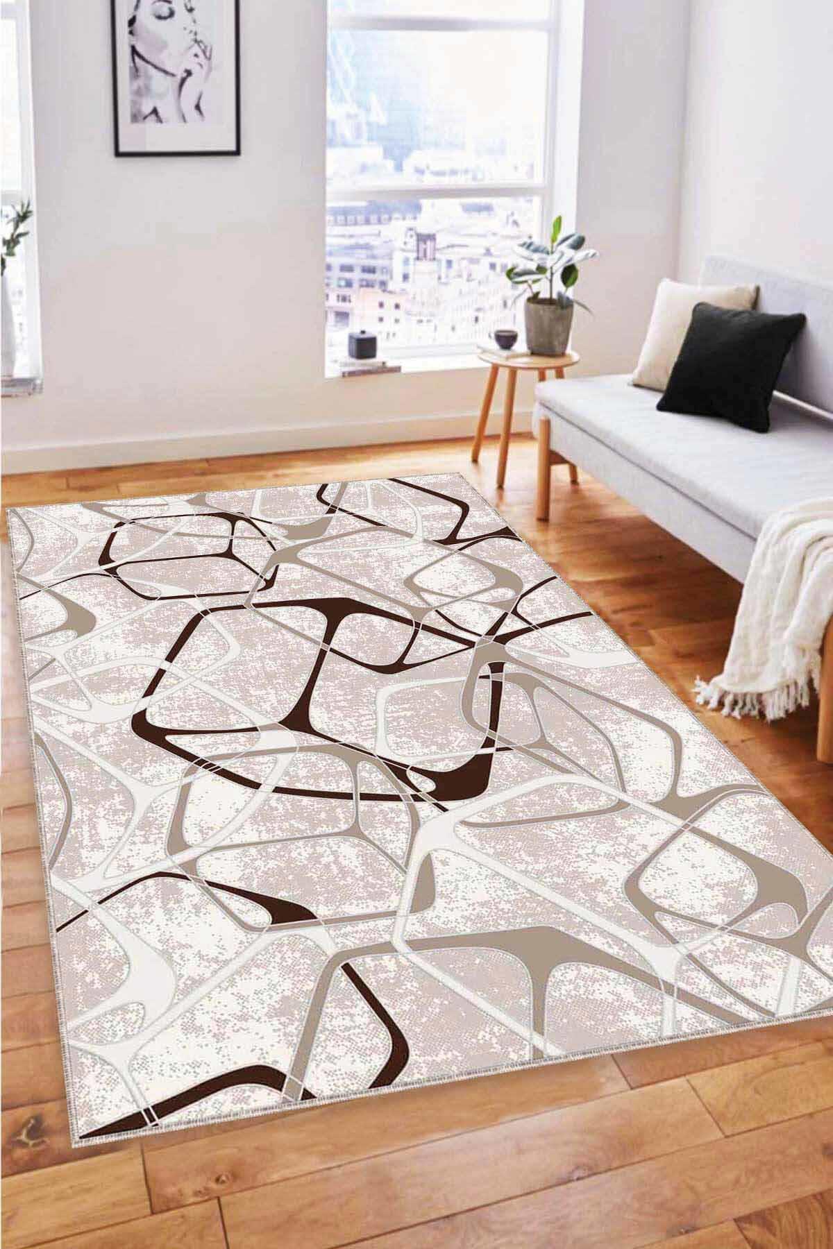 Viva Home LK006 Bej 7 mm Mikropolyester Yıkanabilir İnce Kaymaz Jüt Taban Dikdörtgen Makine Dokuma Salon Halısı 100x200 cm