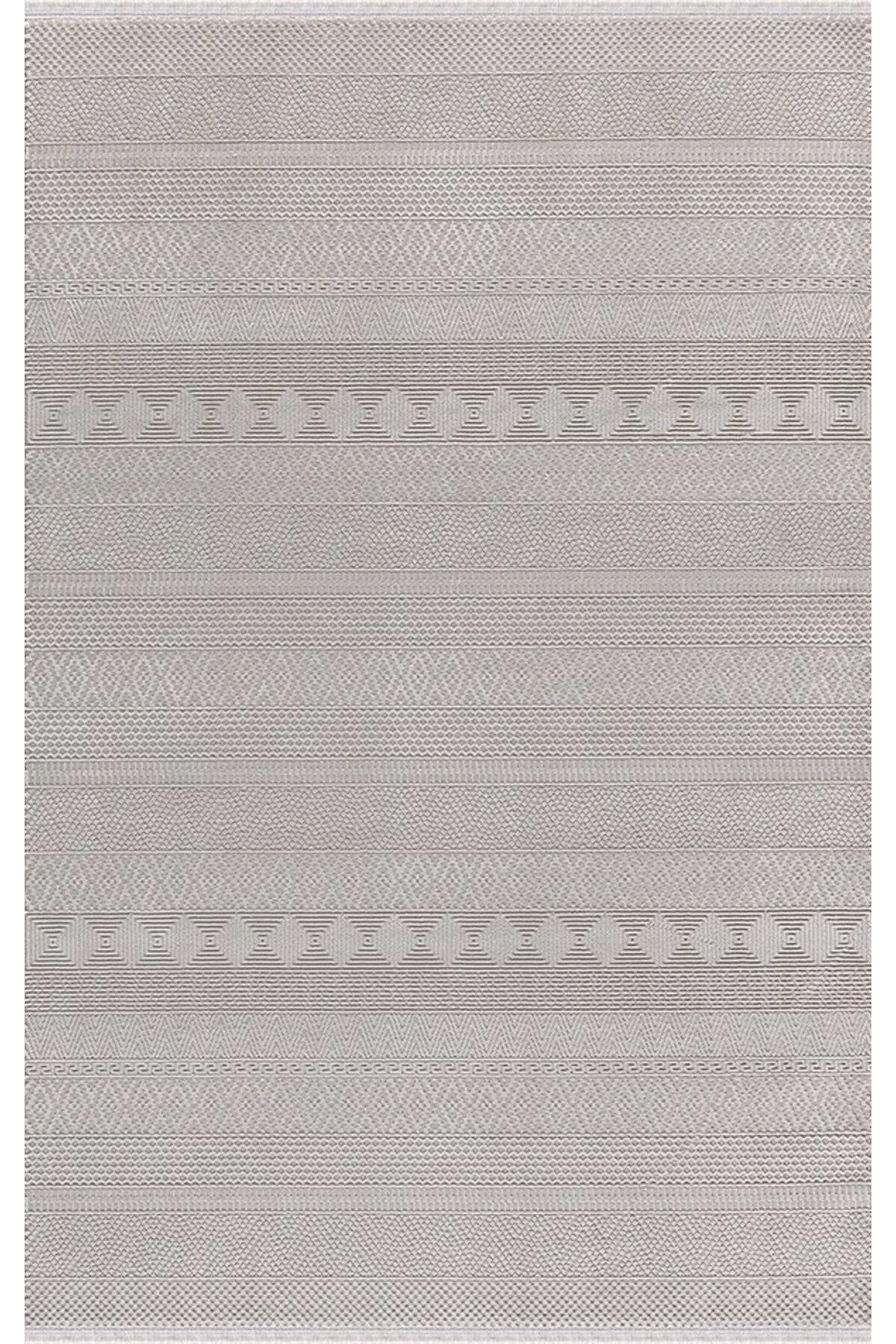 Merinos Recycle 38422 Krem 7 mm Pamuk Toz Tutmaz Yıkanabilir İnce Kaymaz Geometrik Dikdörtgen Makine Dokuma Salon Halısı 120x160 cm