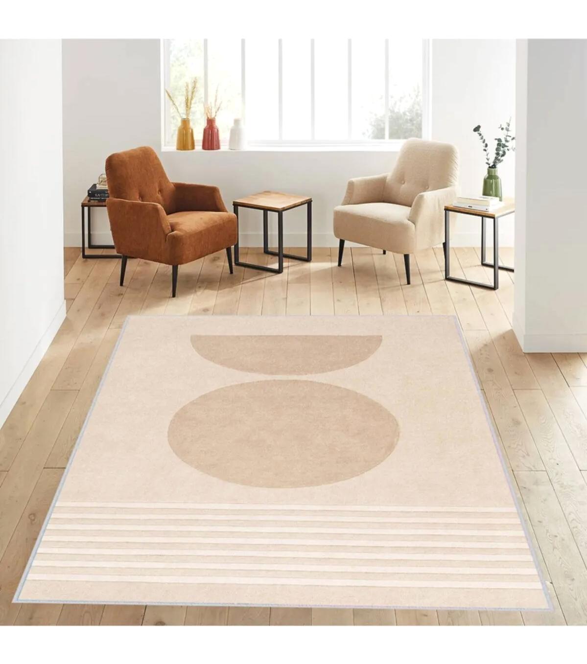 Rovigo Home RVG1155 Krem 8 mm Polyester Leke Tutmaz-Toz Tutmaz Yıkanabilir İnce Kaymaz Dot Taban Dikdörtgen Makine Dokuma Salon Halısı 80x80 cm